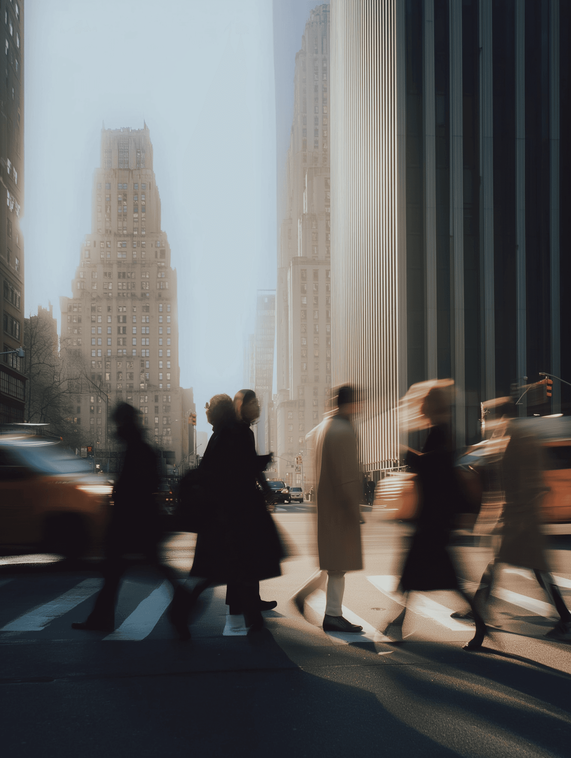 People crossing a street in an early morning