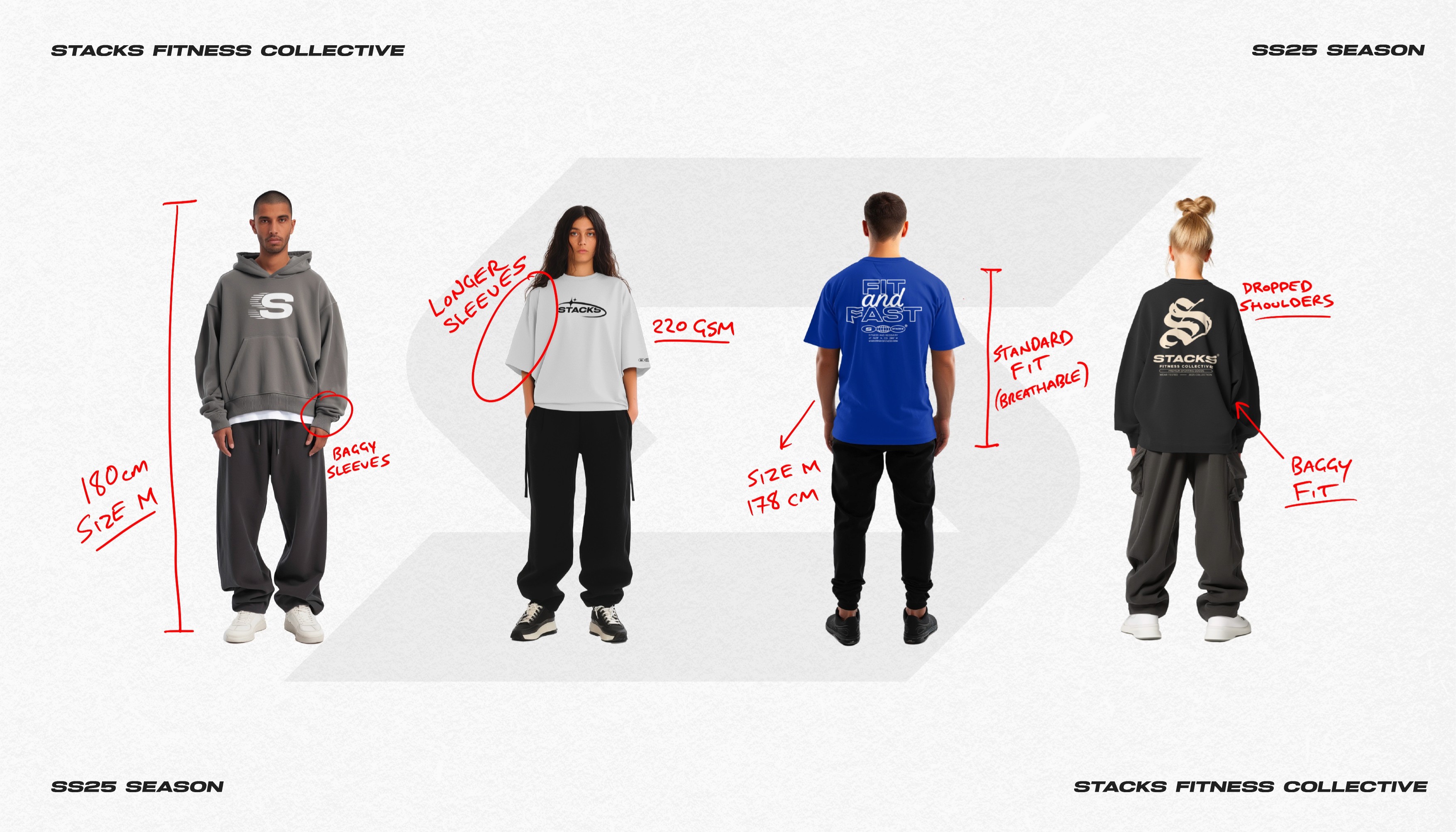Stacks Fitness Collective SS25 apparel lineup showing oversized hoodies and tees with fit details.