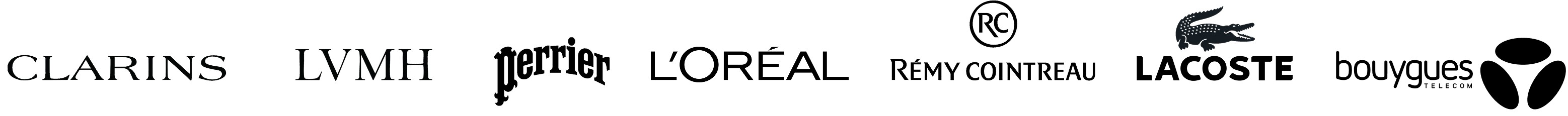 Logos: Clarins, LVMH, Perrier, L'Oréal, Rémy Cointreau, Lacoste, Bouyguyes telecom