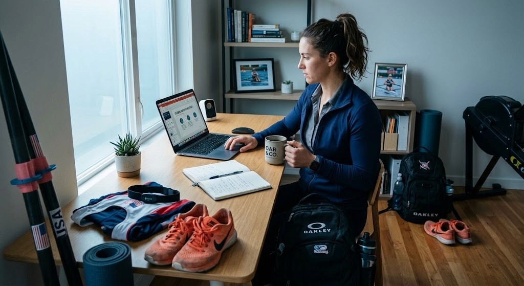athlete at a table working