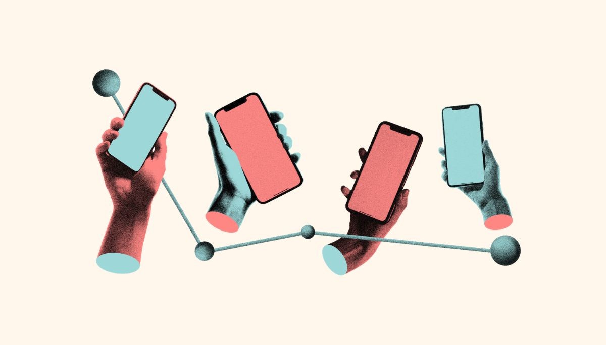 Stylized illustration of multiple hands holding smartphones connected by a network line, symbolizing rapid application development and fast digital collaboration.