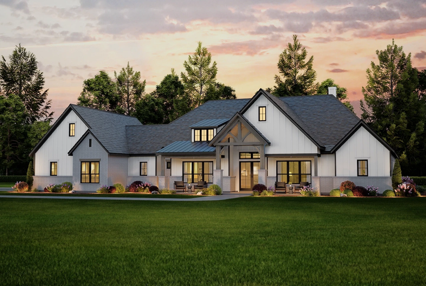 Photorealistic 3D render of a modern farmhouse-style single-family home at sunset, with landscaped garden and warm exterior lighting.