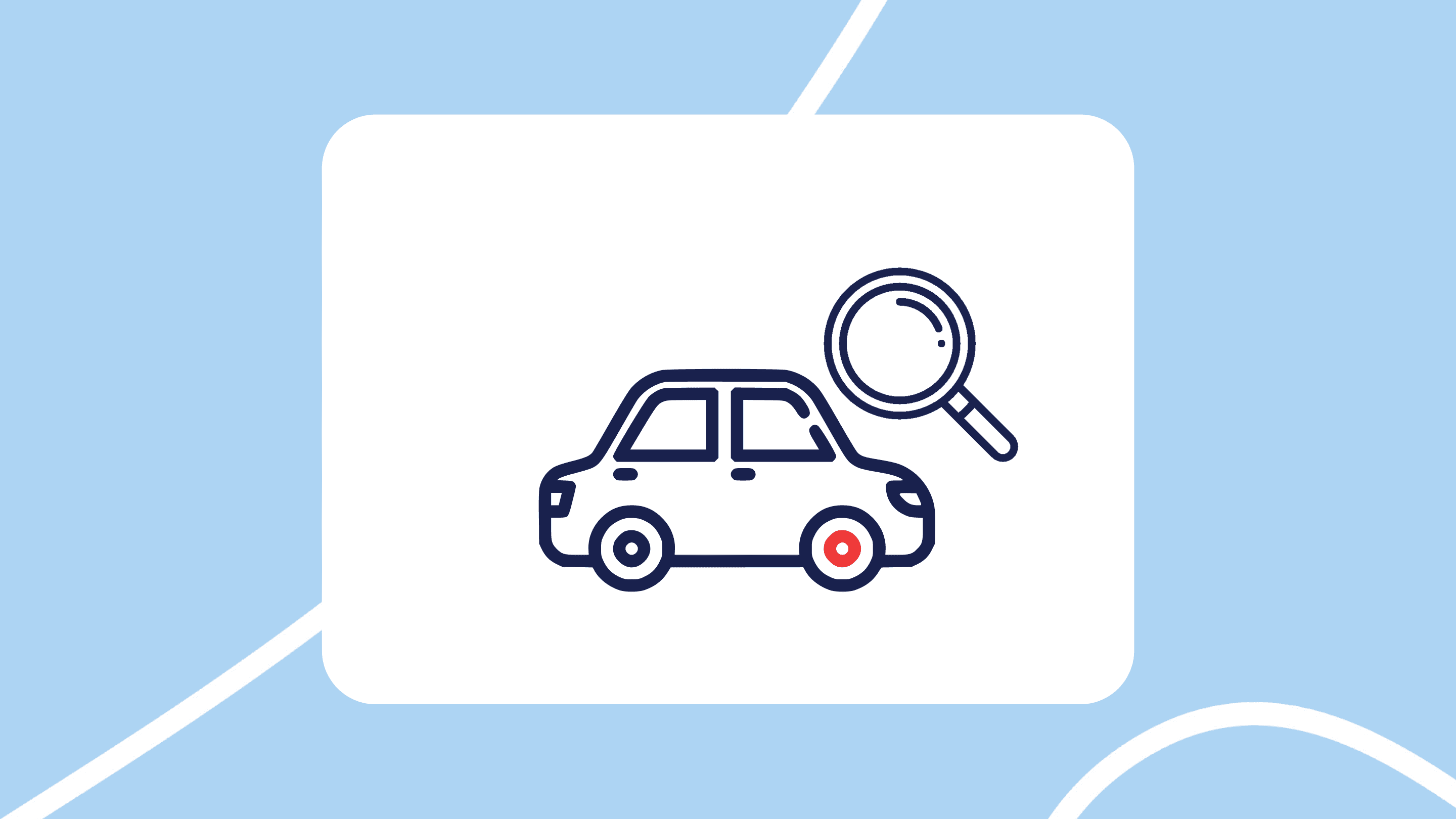 Ilustración de un coche pequeño con una lupa, sobre un fondo azul; una de las ruedas está resaltada en rojo.