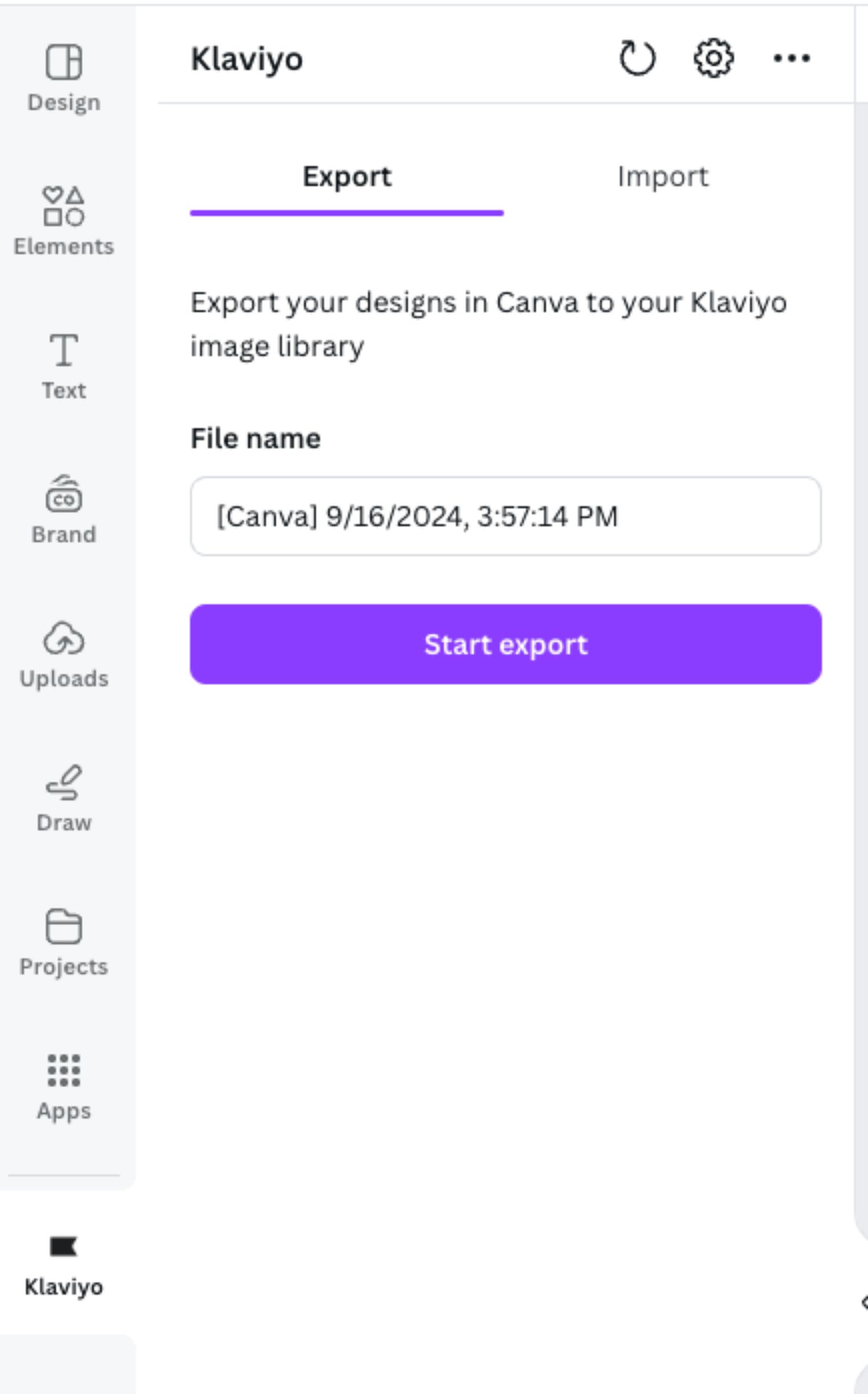 Start Export.jpeg: Canva export panel with the file name input and a 'Start export' button to send the design to Klaviyo.