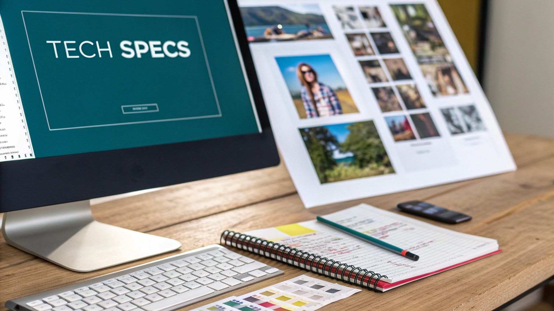 Close-up of a desk with a computer showing 'TECH SPECS', photos, keyboard, and notebook.