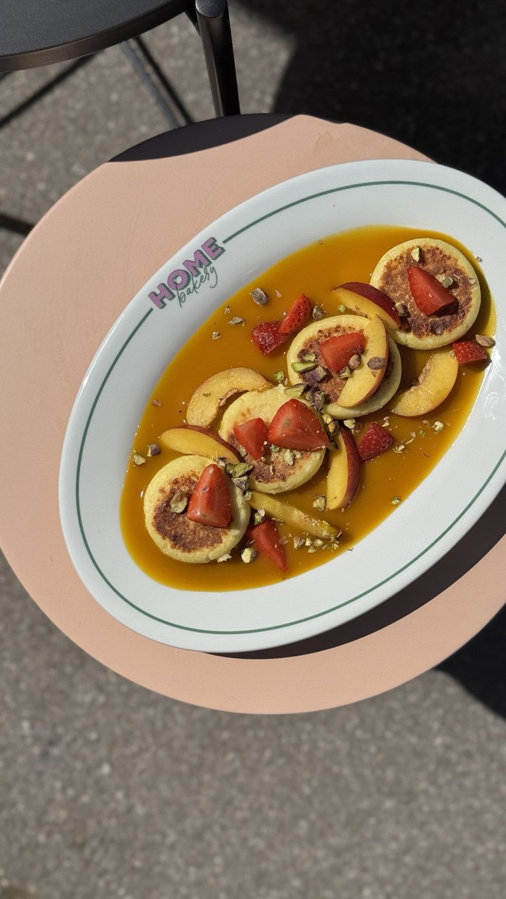 A white oval plate sits on a pink table, featuring three flan desserts garnished with fresh strawberries and chopped nuts, all drenched in a rich caramel sauce.