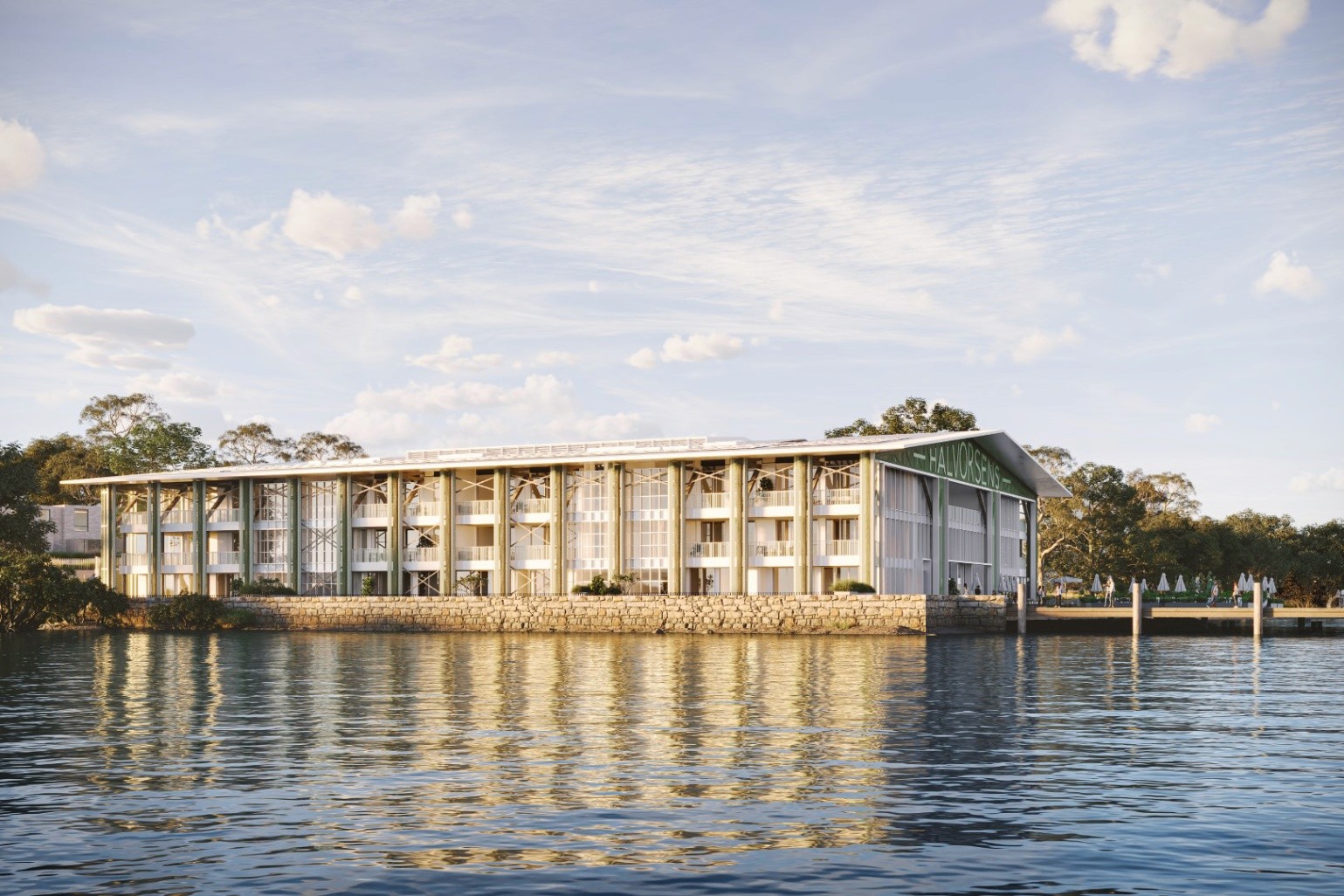Luxury waterfront apartment building at Putney Wharf with direct harbour frontage