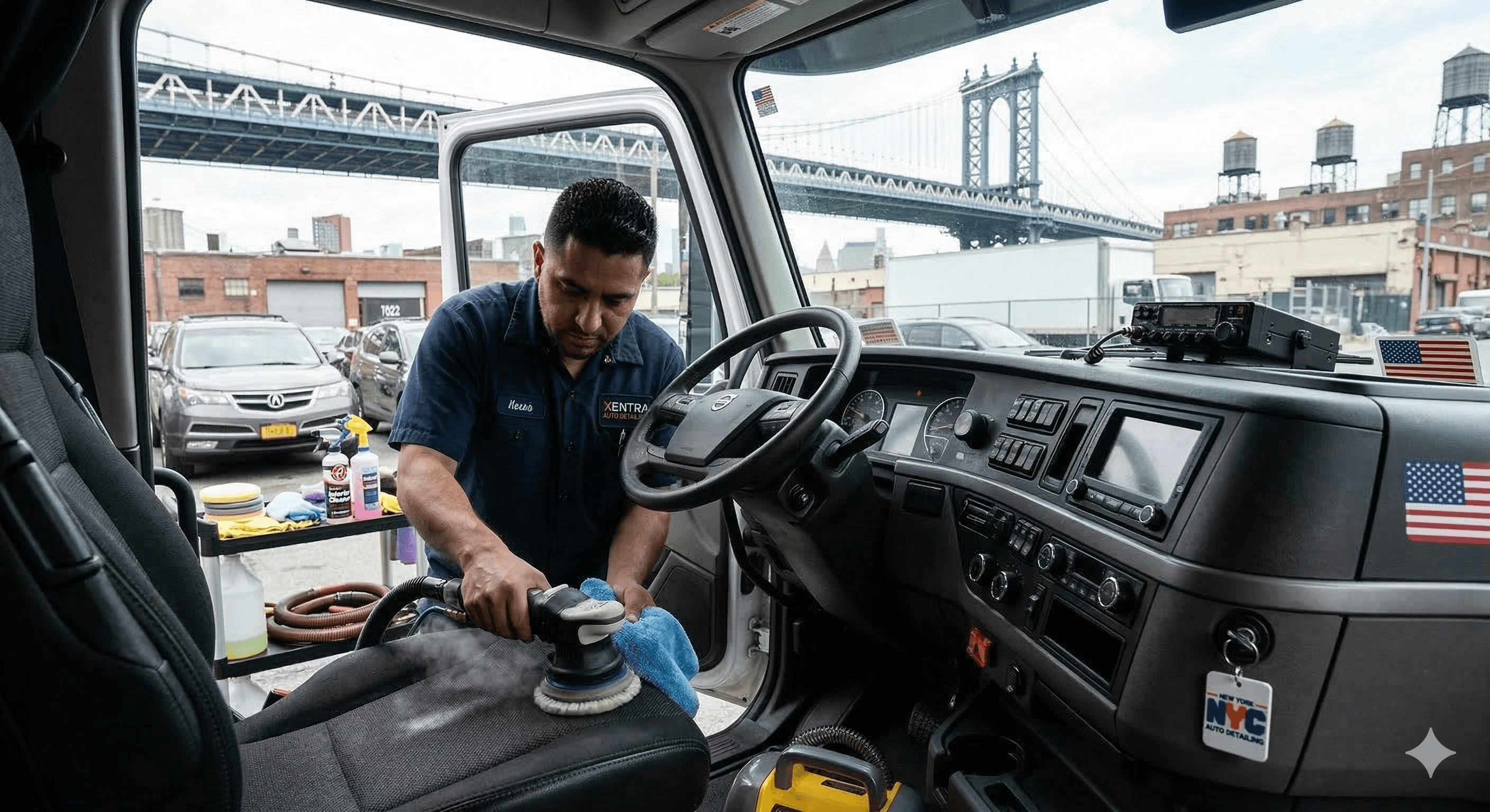 Truck cab interior detailing cleaning driver seat and dash NYC