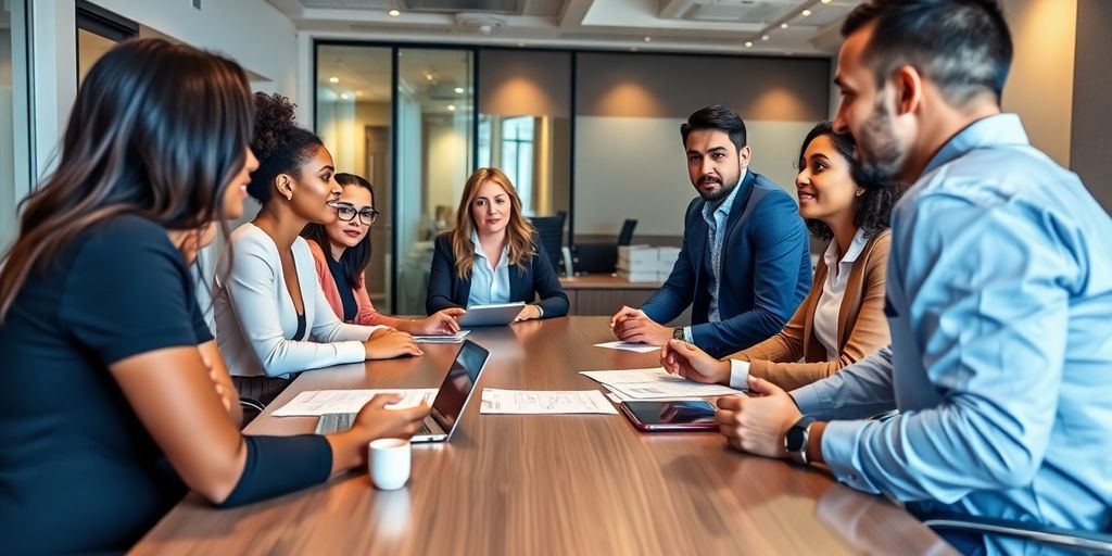 Professionals discussing growth strategies in a modern boardroom.