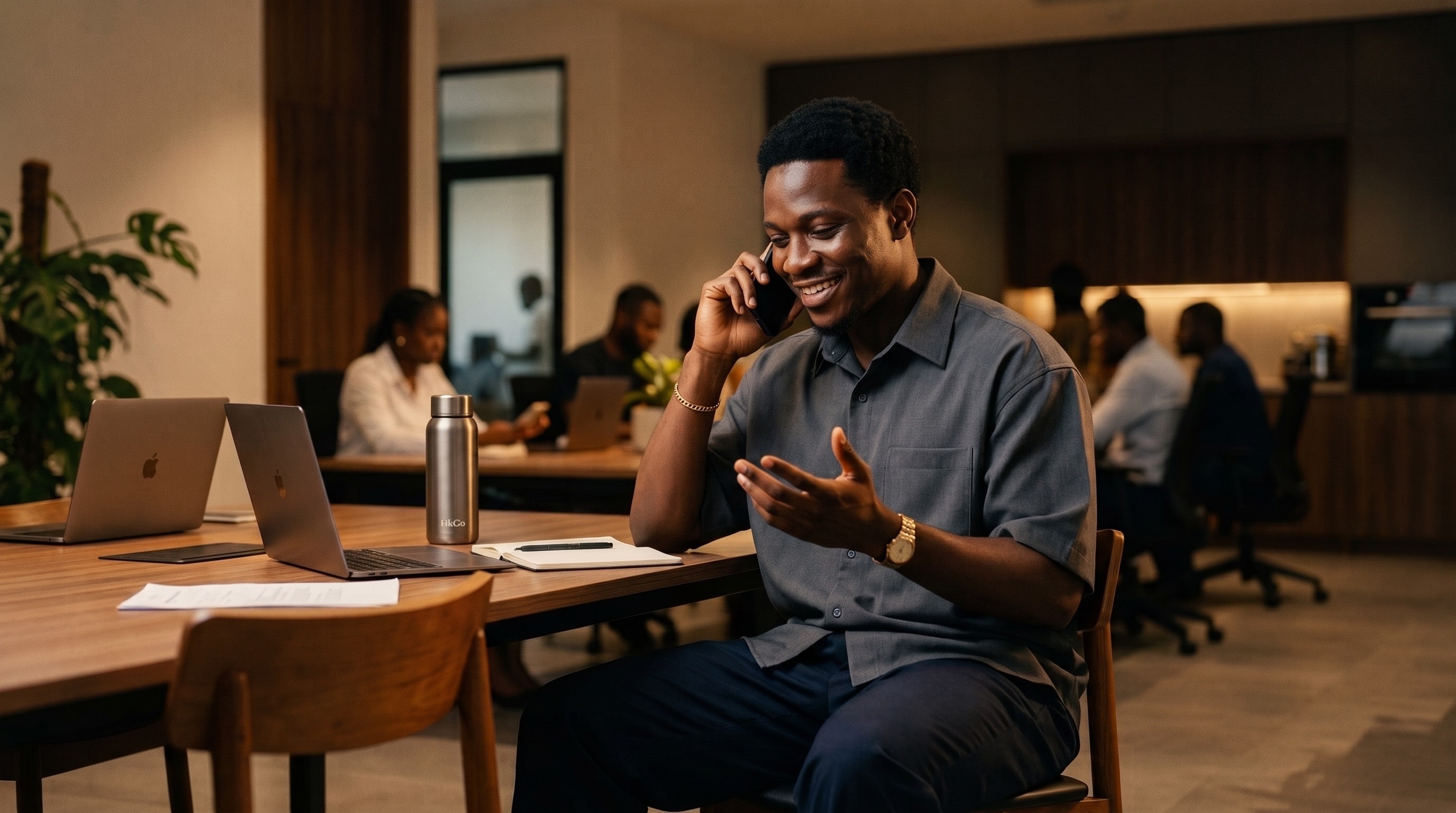 A smiling founder takes a phone call beside a laptop in a busy office