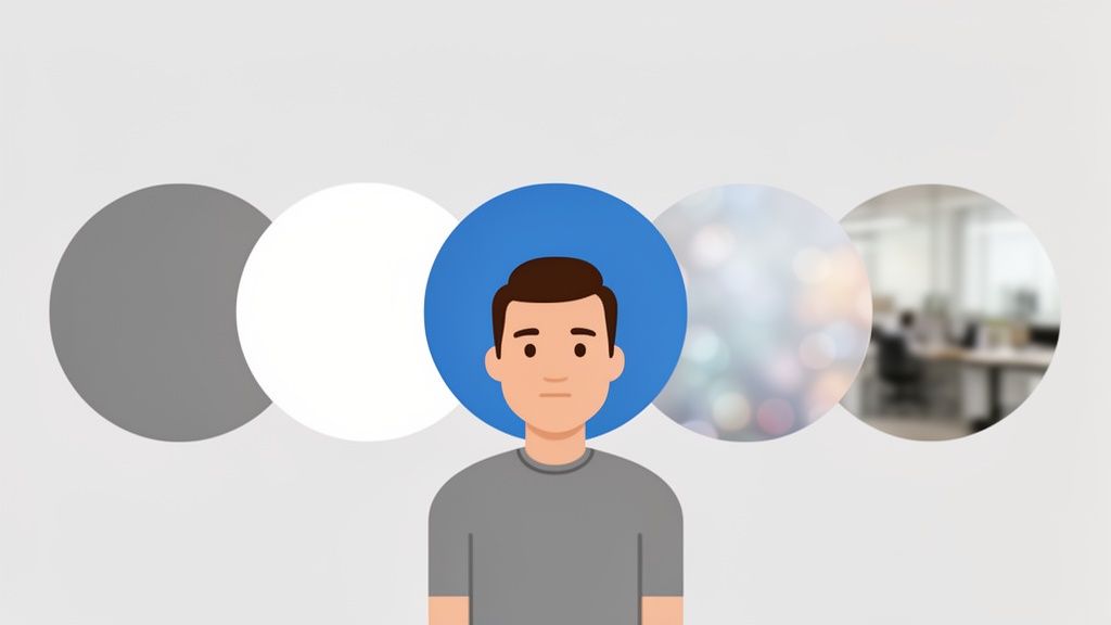 Ein Cartoon-Mann mit verschiedenen Hintergrundoptionen für ein Profilbild, darunter Farben, Bokeh und ein Büro.