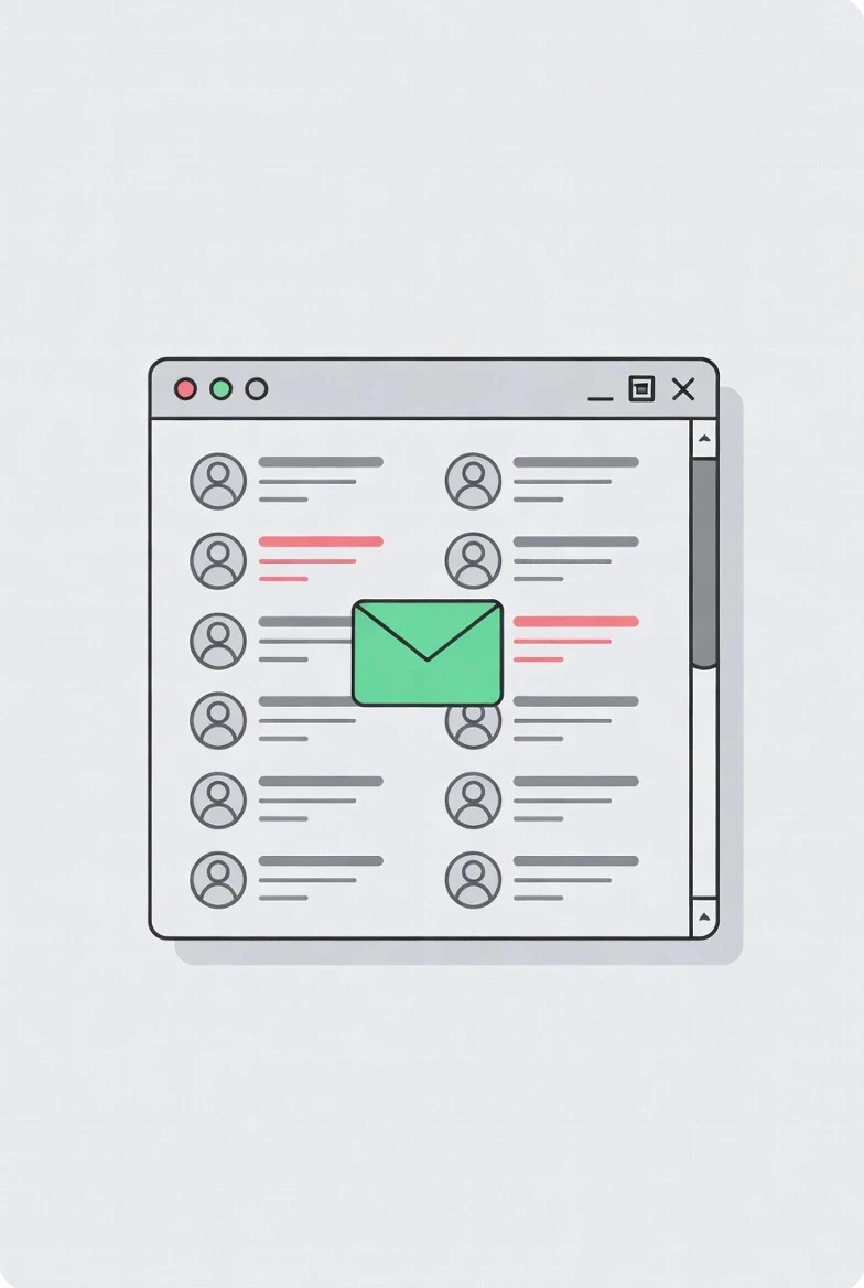 Visual metaphor of cold email outreach and sales rejection: a single green envelope boldly entering a busy email inbox surrounded by unread messages, red warning flags, and ghosted conversations, representing the need to show up uninvited to earn the occasional yes