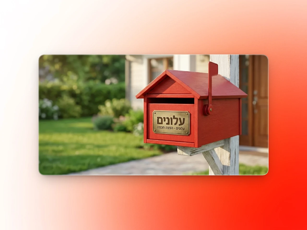 הדמיה של תיבת דואר אדומה מעץ עם שלט מוזהב עליו כתוב "עלונים - הפצה חכמה", מוצבת בפתח בית פרטי עם גינה ירוקה ושביל גישה. התמונה משמשת כ-Thumbnail בתיק העבודות של DigiGo וממחישה את הקונספט של שירותי הפצה לבתים.