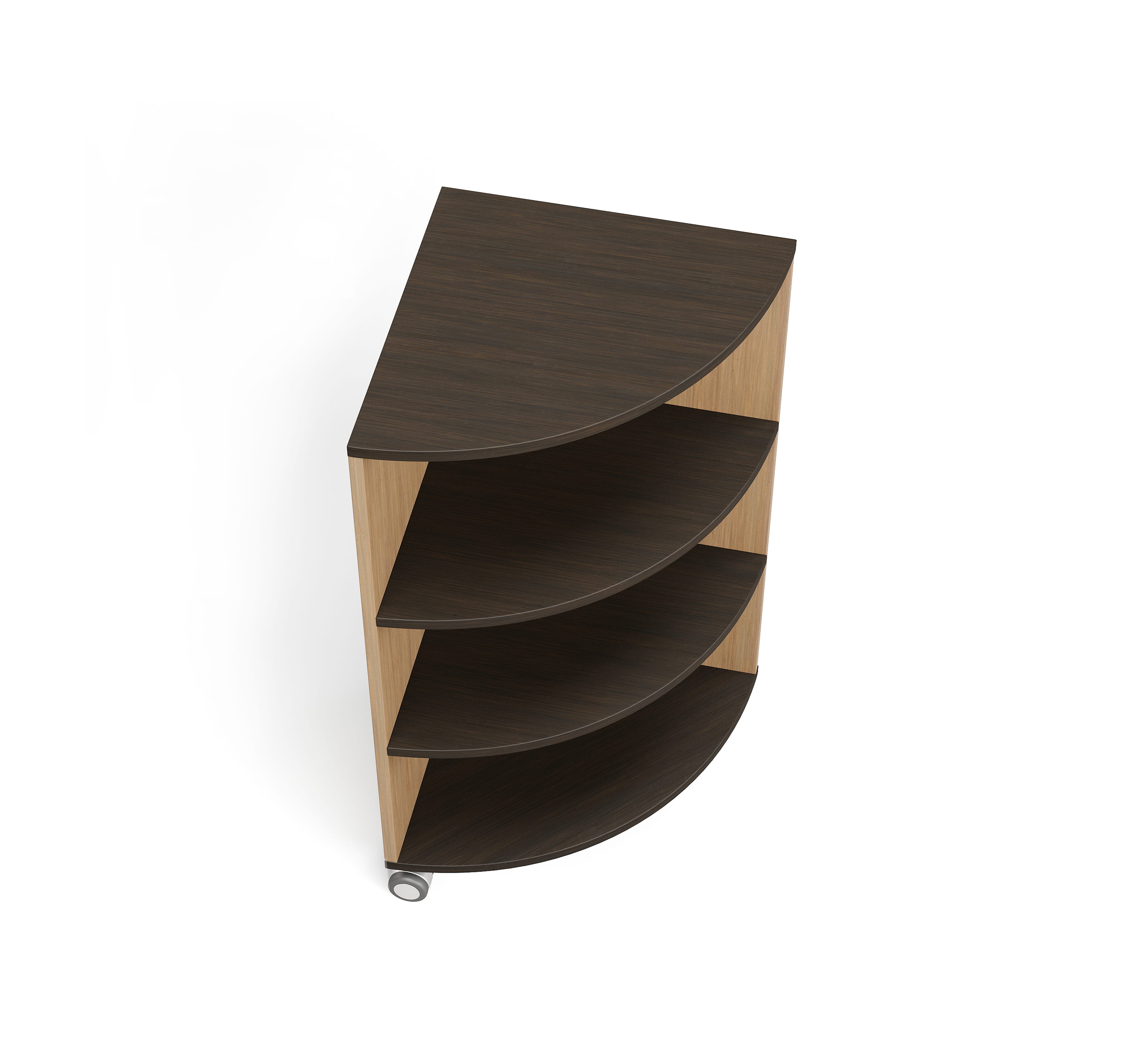 Corner shelving unit 3D render with curved structure and layered shelves