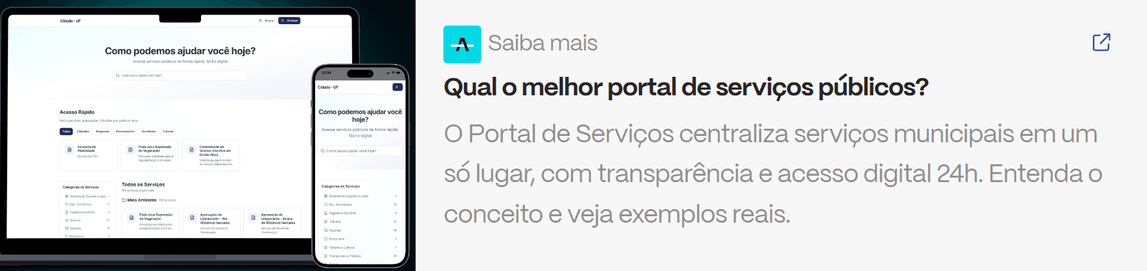 Interface digital do Portal de Serviços com layout responsivo em notebook e smartphone, ilustrando centralização e transparência nos serviços públicos municipais.