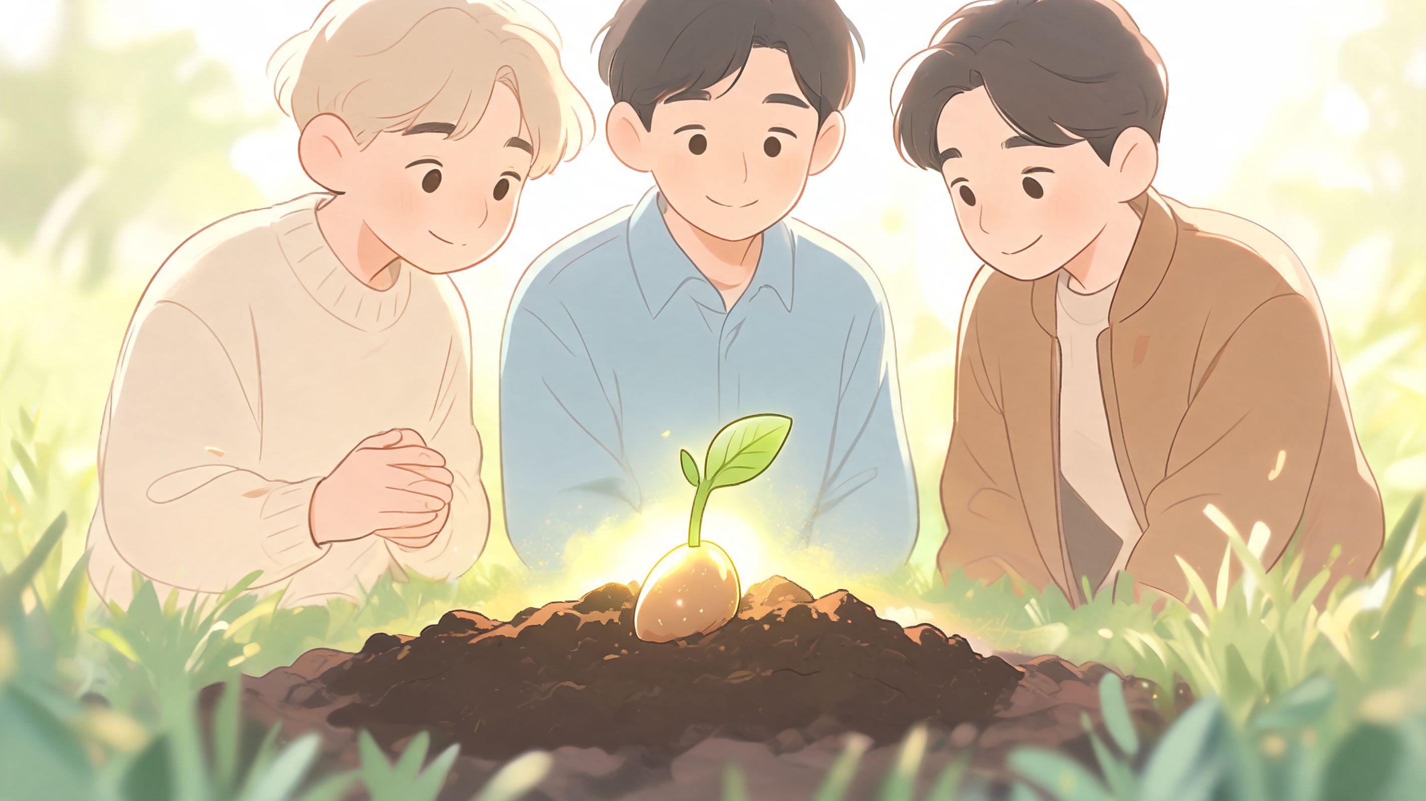 Three young men observe a small glowing sprout emerging from the soil in a bright grassy field.