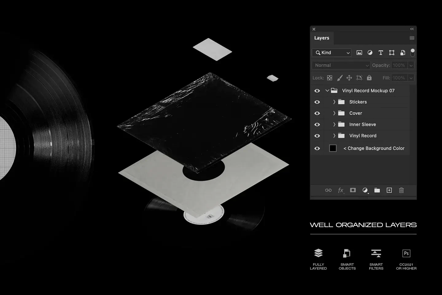 Vinyl record mockup Photoshop template with smart objects and organized layers
