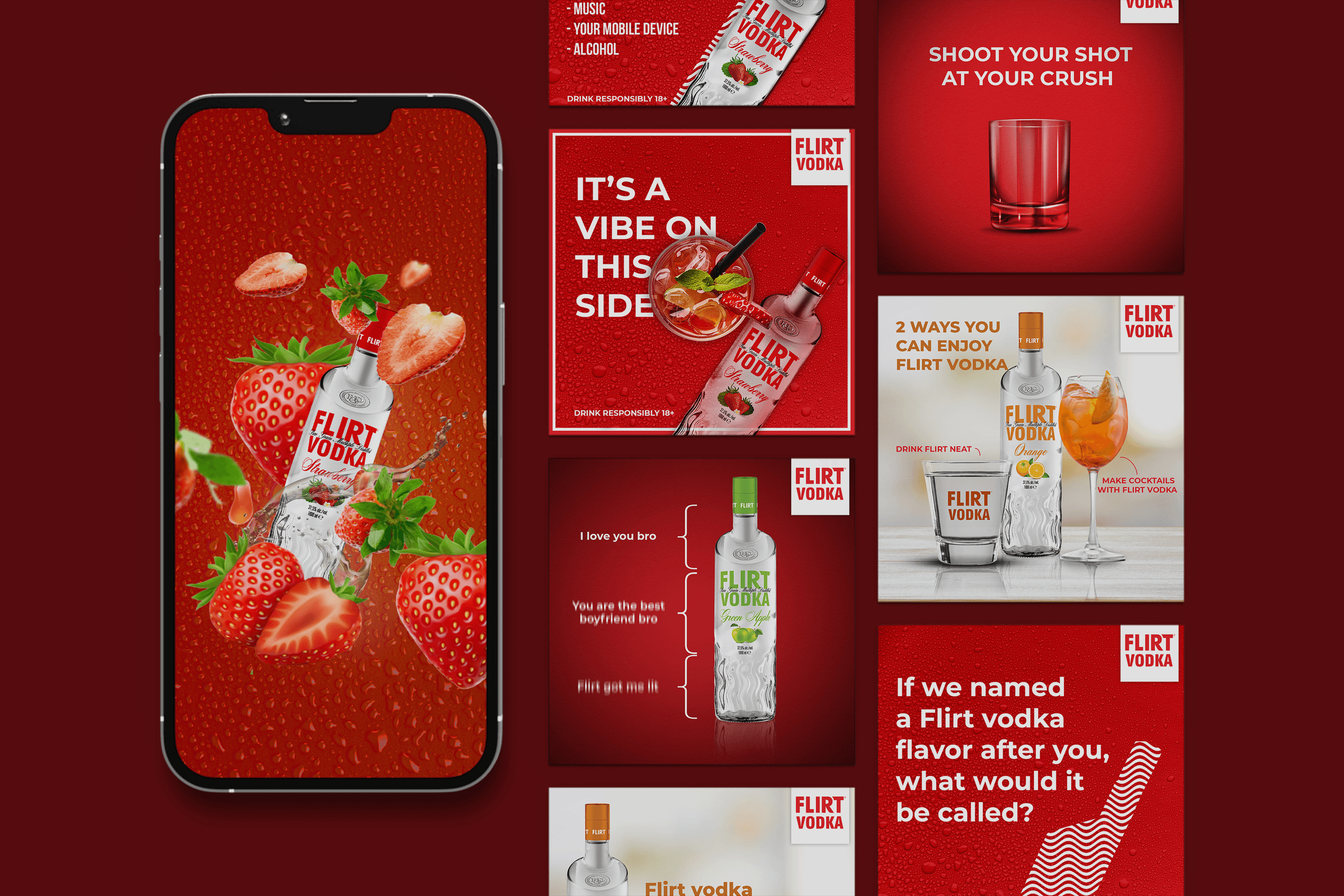 Flirt Vodka bottles arranged in a bold studio composition