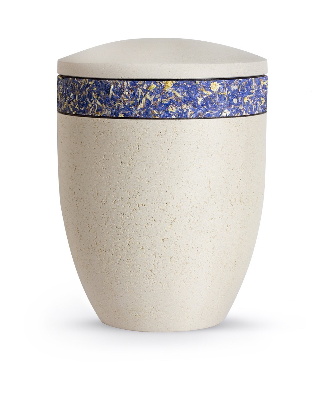 Urne 3445: „Terra-Jura“ Urne Edition Rocka, Muschelkalkbeschichtung creme, Dekor aus Kornblumen