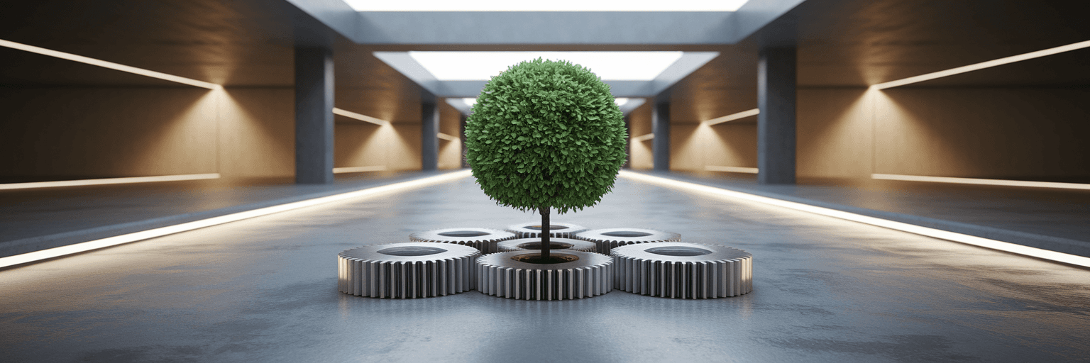 Plant growing from interconnected gears.