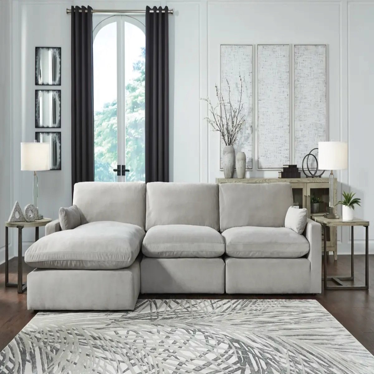 Sophie 3-Piece Sectional with Chaise in a stylish living room, featuring elegant decor, a rug, and a window