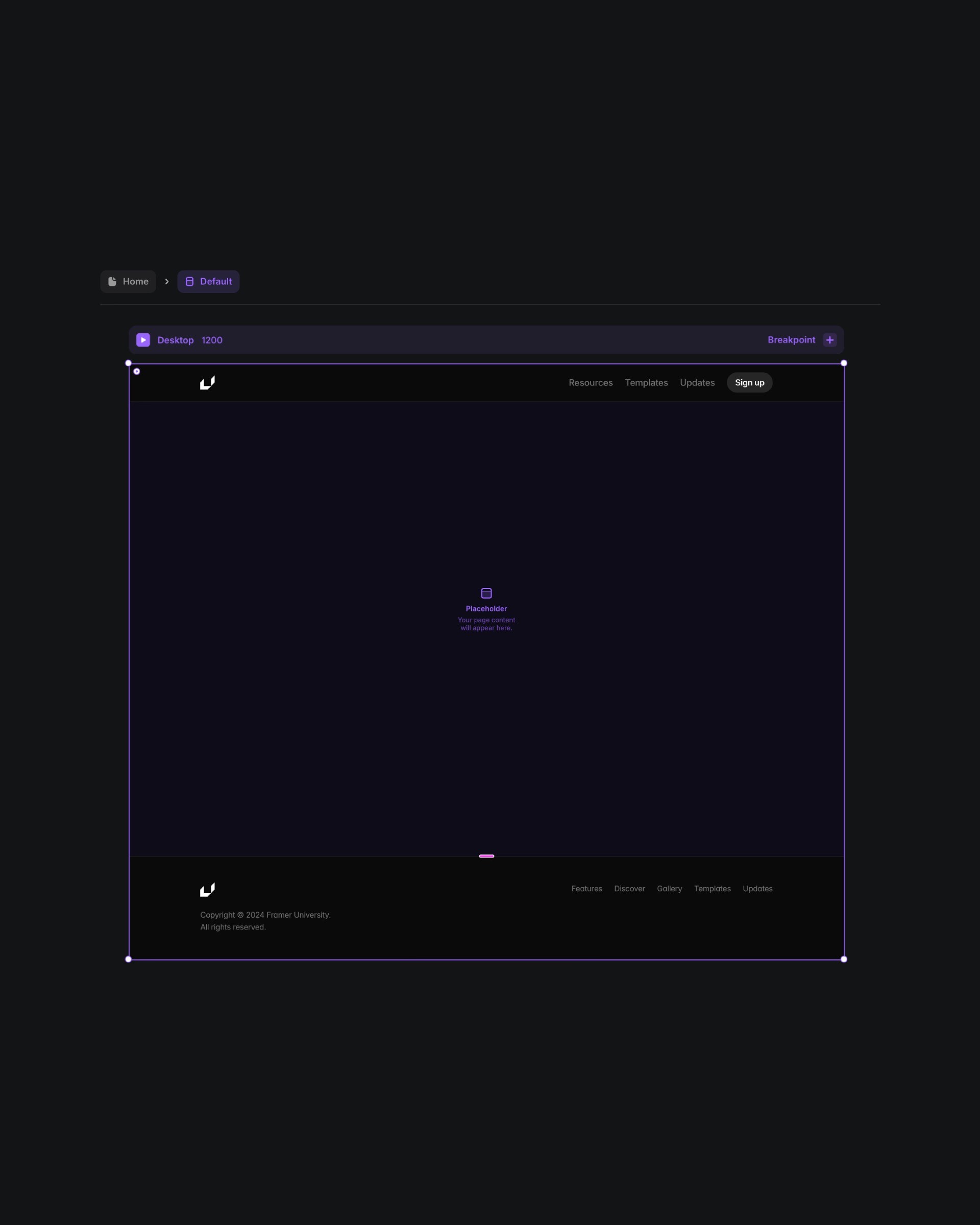 Framer University interface with desktop preview and navigation breadcrumbs