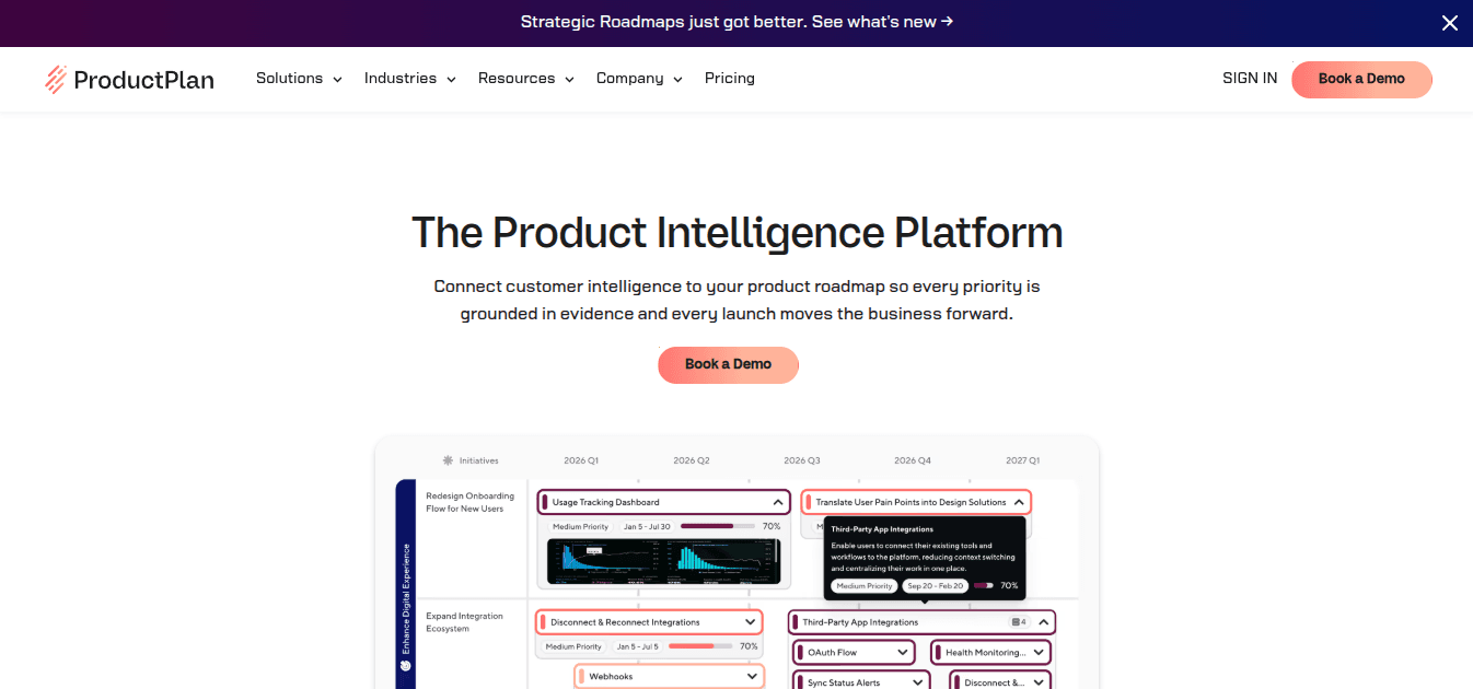 ProductPlan homepage showing its product roadmap and intelligence platform