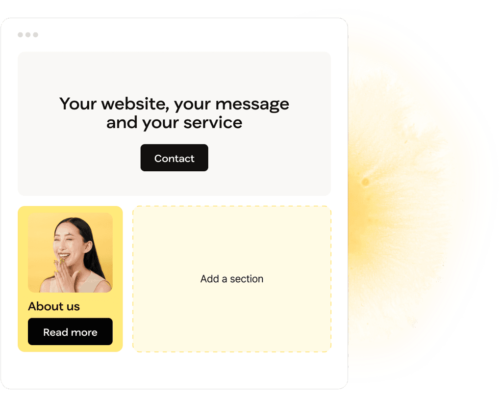 Design mockup showing a website layout with a woman's photo, a message box, and buttons for interaction.