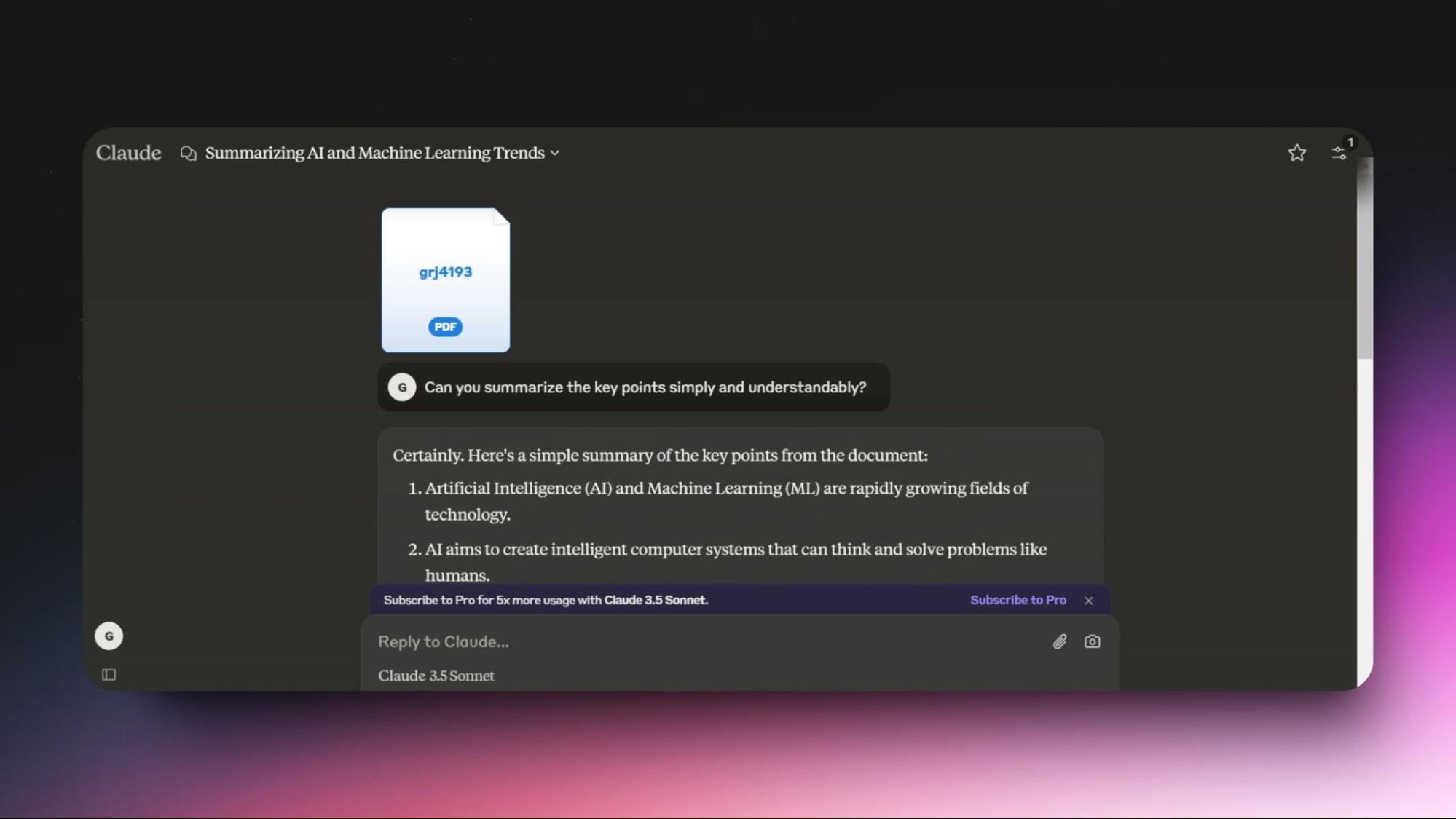 Screenshot of Claude summarizing a document on "AI and Machine Learning Trends," highlighting key points about AI growth and uses.