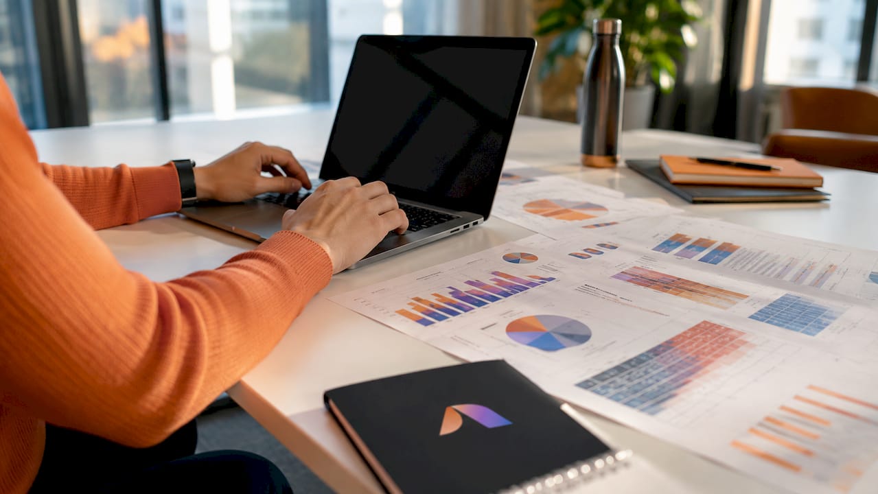Hands typing alongside printed sales data sheets