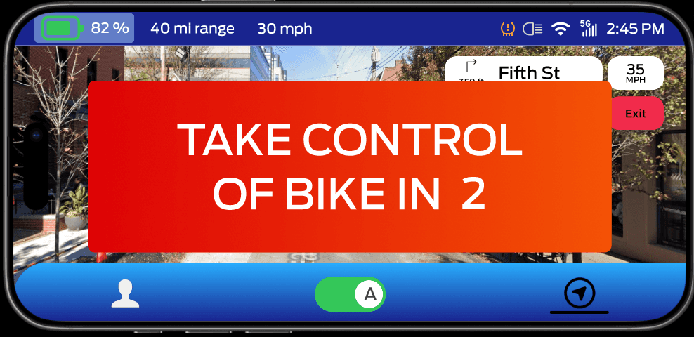Centered popup on dashboard navigation with a red-orange gradient and text "TAKE CONTROL OF BIKE IN 2"