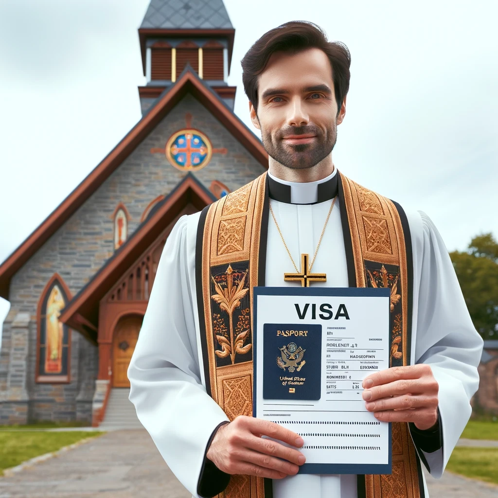 A minister in traditional religious attire standing in front of a church, holding a U.S. visa document, representing the successful application for an R1 visa to work in the United States.