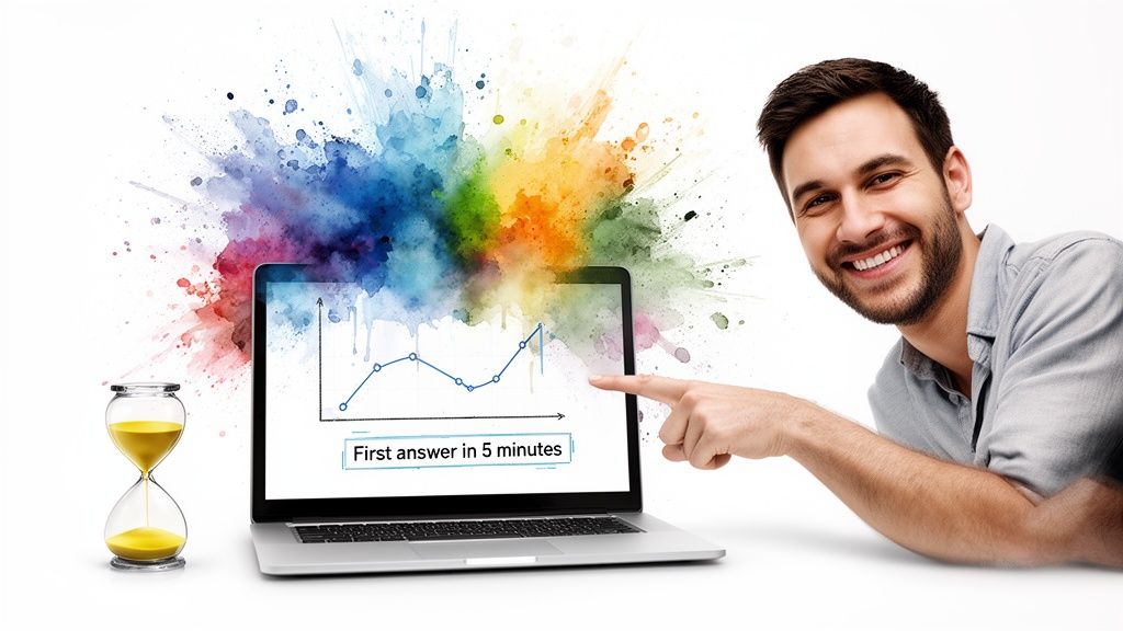 Smiling man points to a laptop with a data graph, colorful splash, and an hourglass, emphasizing quick results.