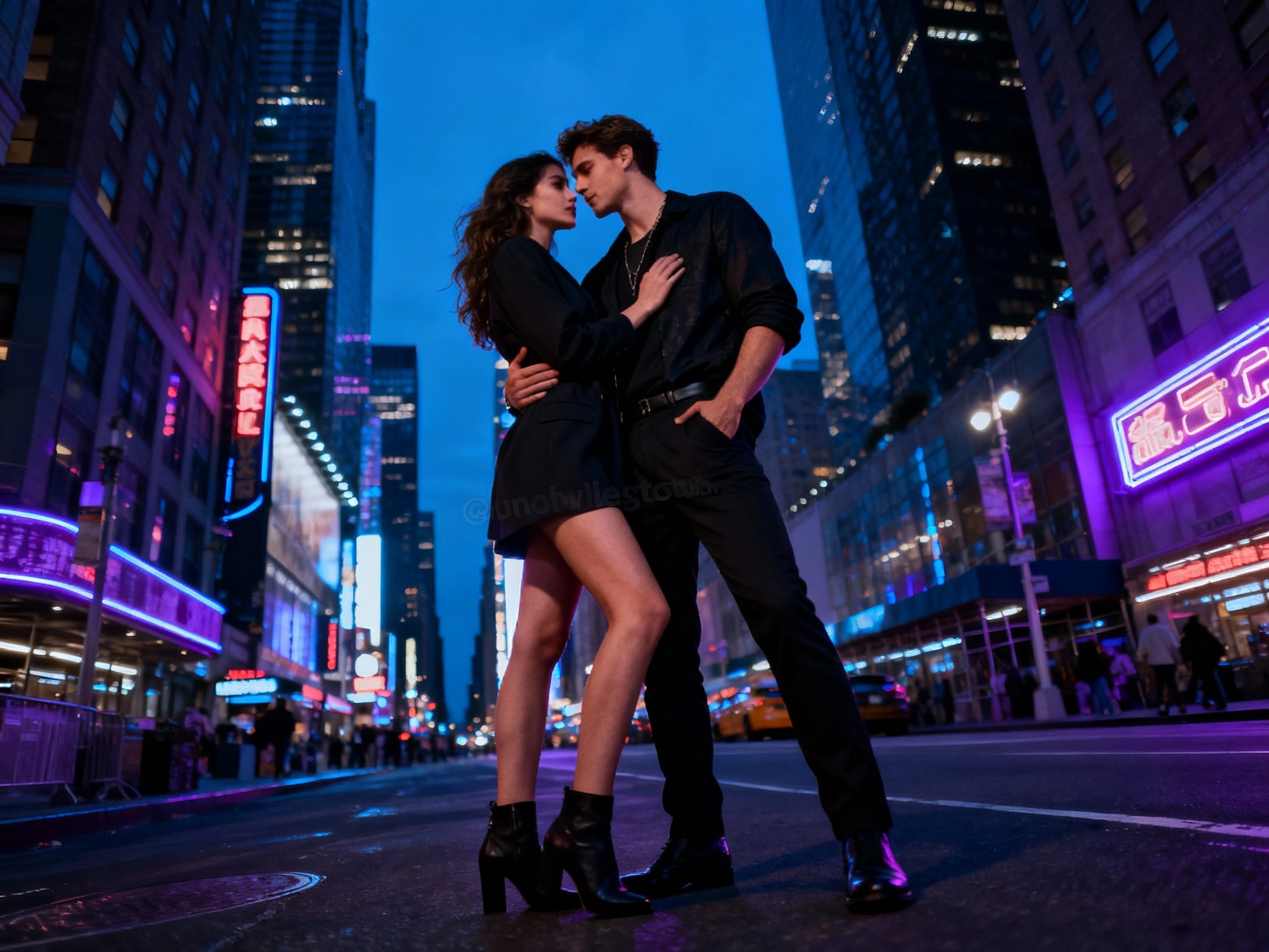 An editorial-style photo of a stylish couple posing confidently in a bustling urban street at