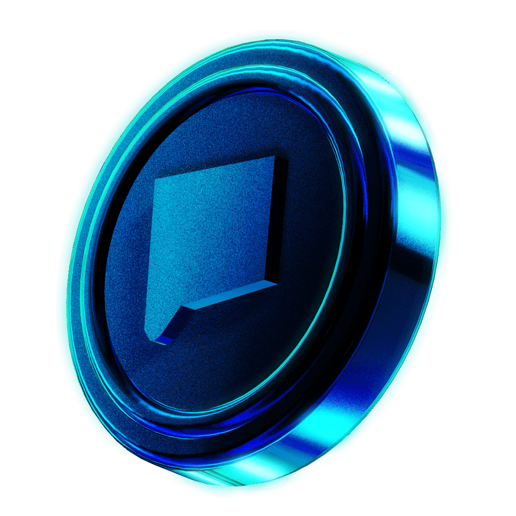 Shiny 3D Coin in Glassy Blue Color with a Speech Bubble Icon Graved on Top 