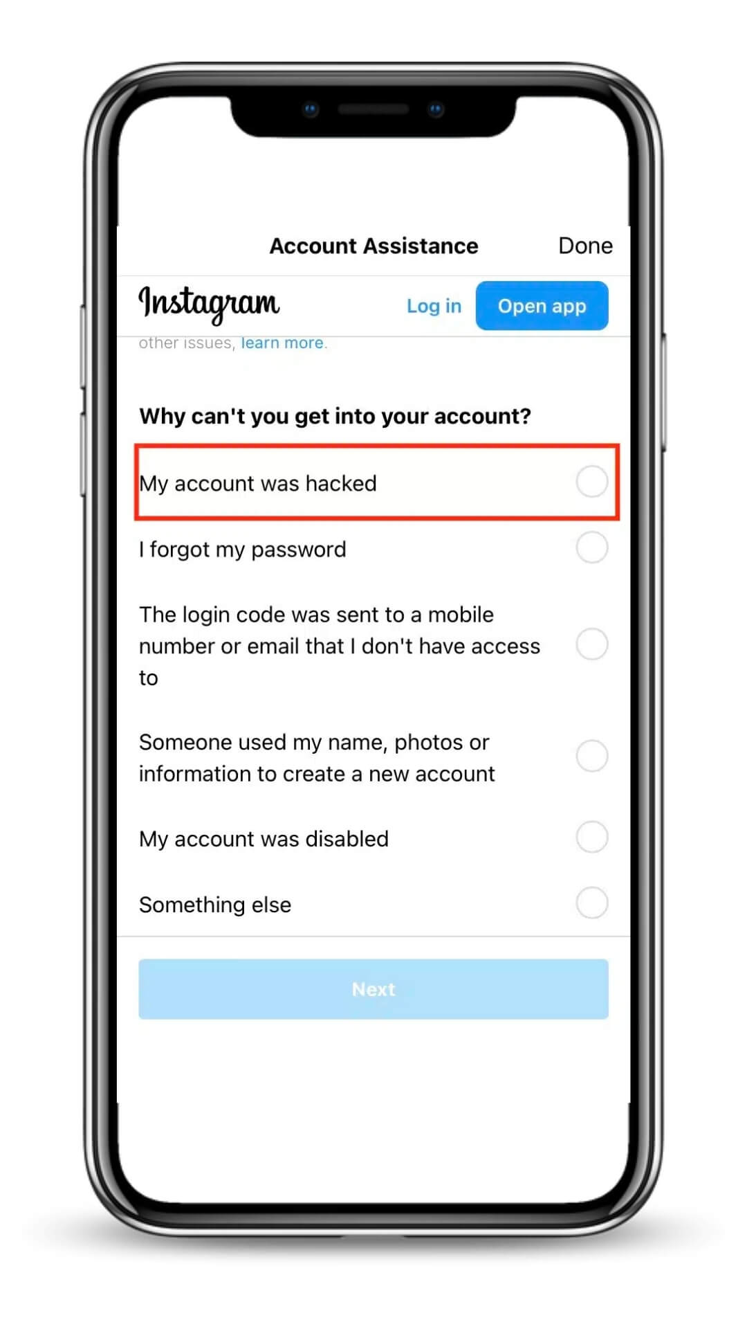hacked instagram account recovery step-using forgot password option-my account was hacked