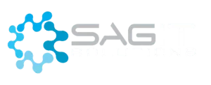 Logo SAG IT Solutions avec motif géométrique bleu évoquant un réseau.