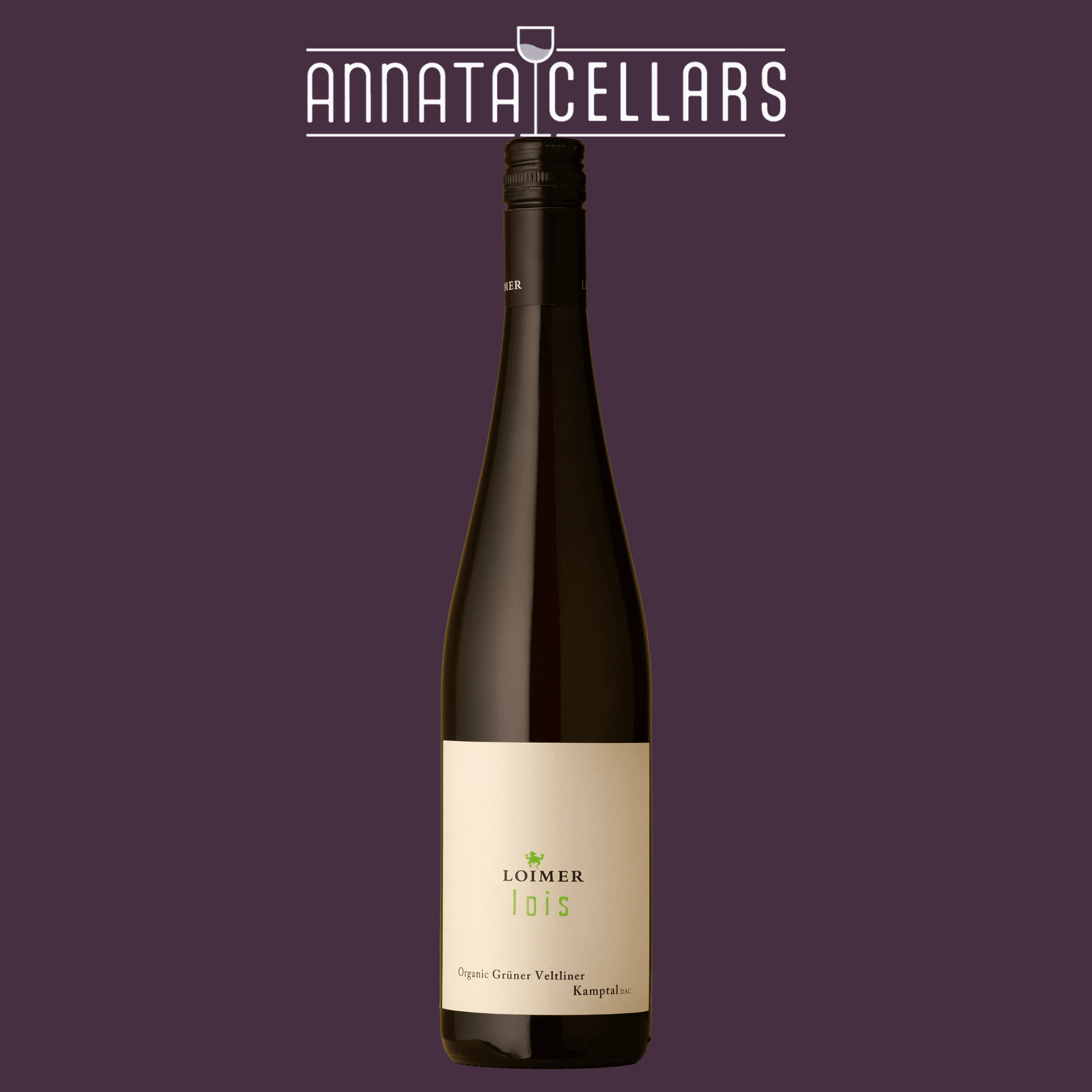 Loimer Lois green Veltliner wine bottle with cream label and dark glass
