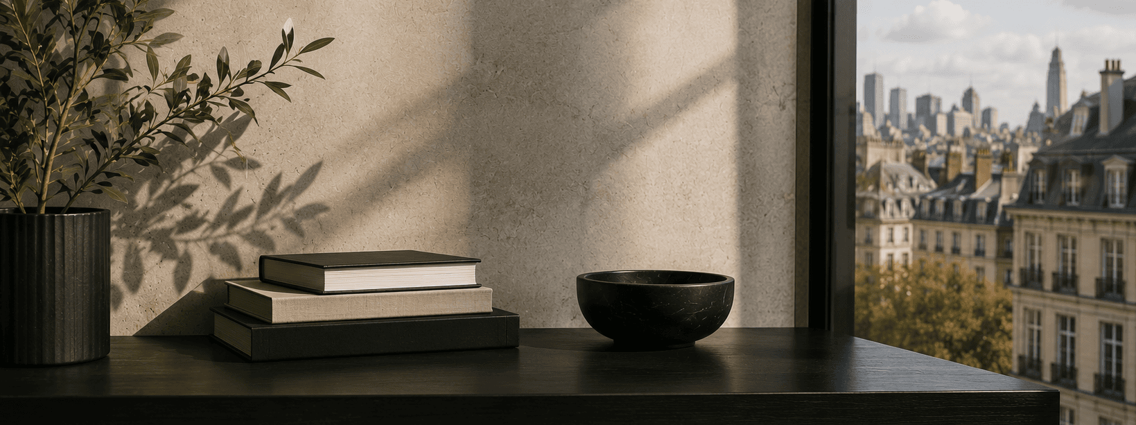 Elegant interior with books and a city skyline representing marketing work for Helix Property Advisors.