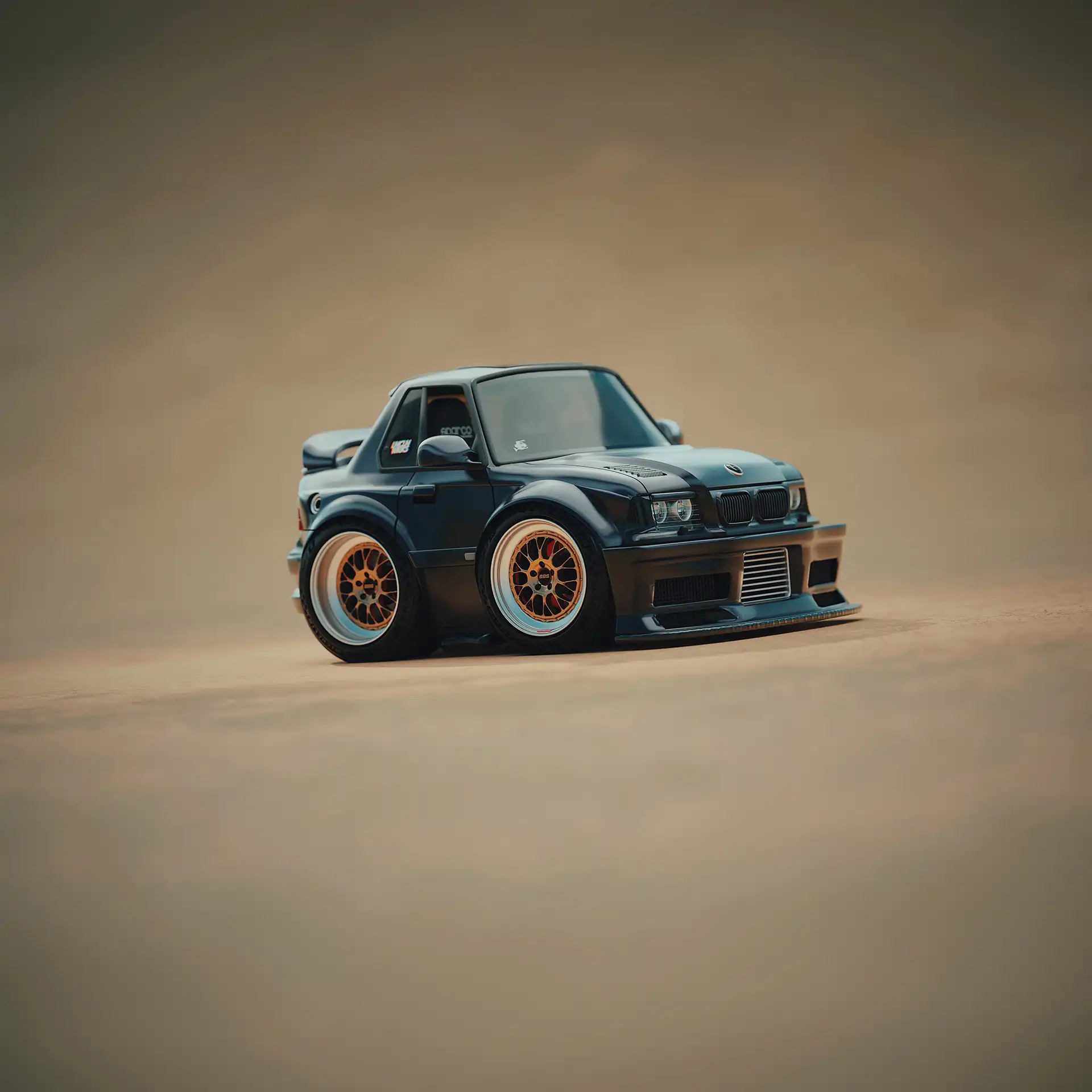 A digital rendering of a black sports car on a tan background.