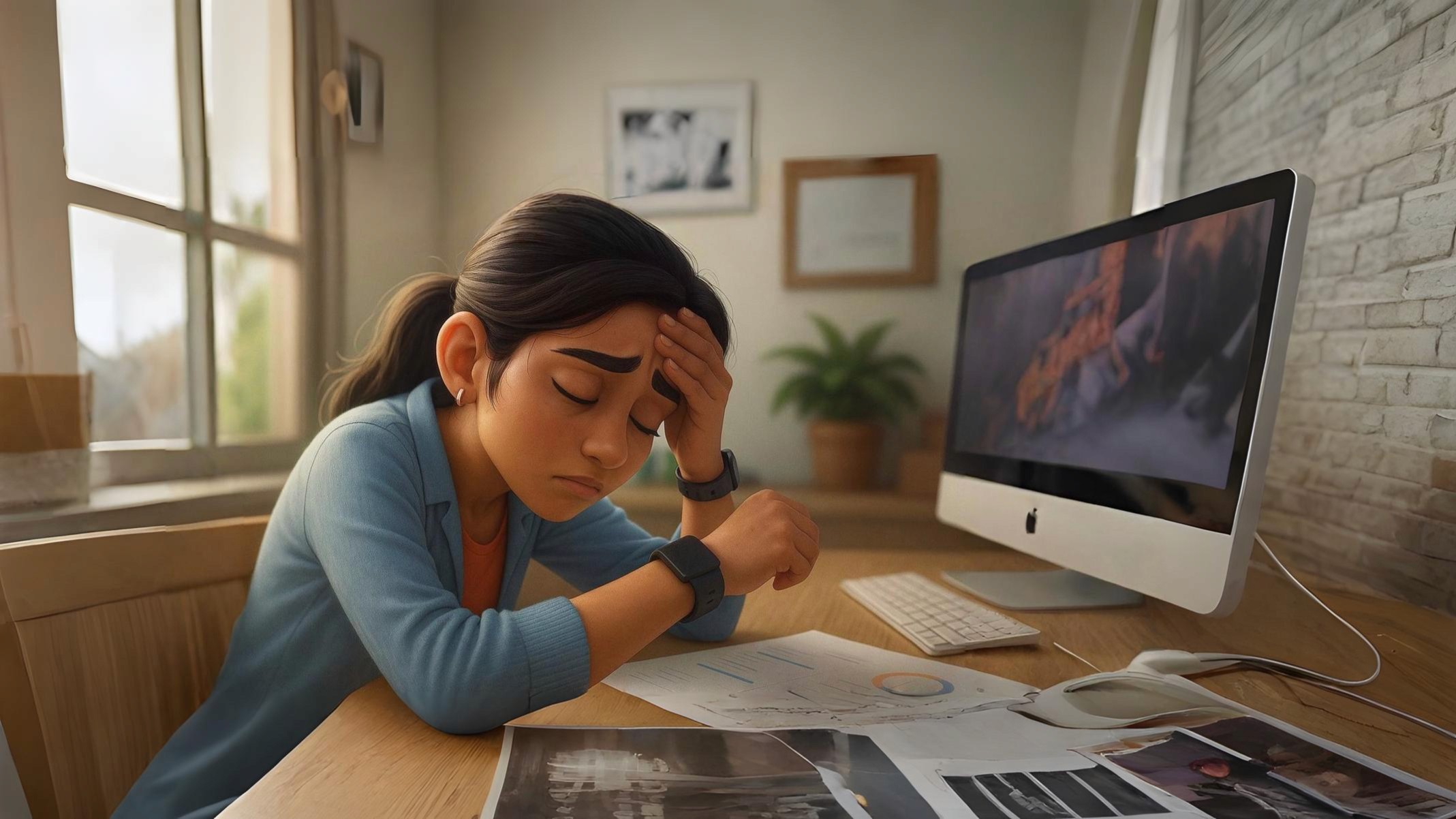 Pixar-style 3D animated illustration of a tired young Indian professional resting at her office desk, showing signs of fatigue caused by early insulin resistance and metabolic stress. The neutral-toned, awareness-driven scene visually represents how poor insulin balance affects energy and focus in modern lifestyles. Created for Lyxaa.in’s preventive healthcare blog on fasting insulin awareness and metabolic health