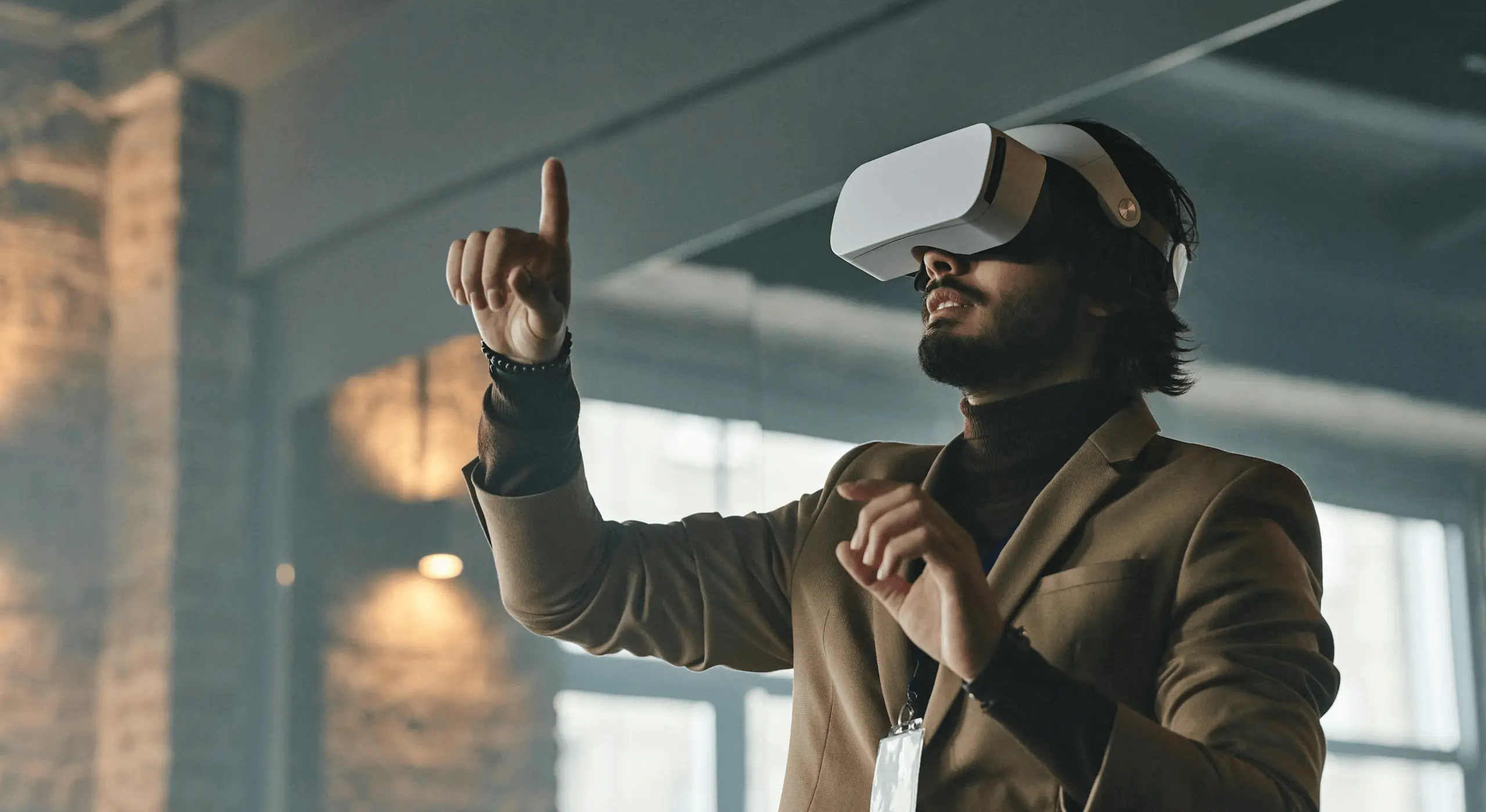 Businessman engaging with virtual reality.