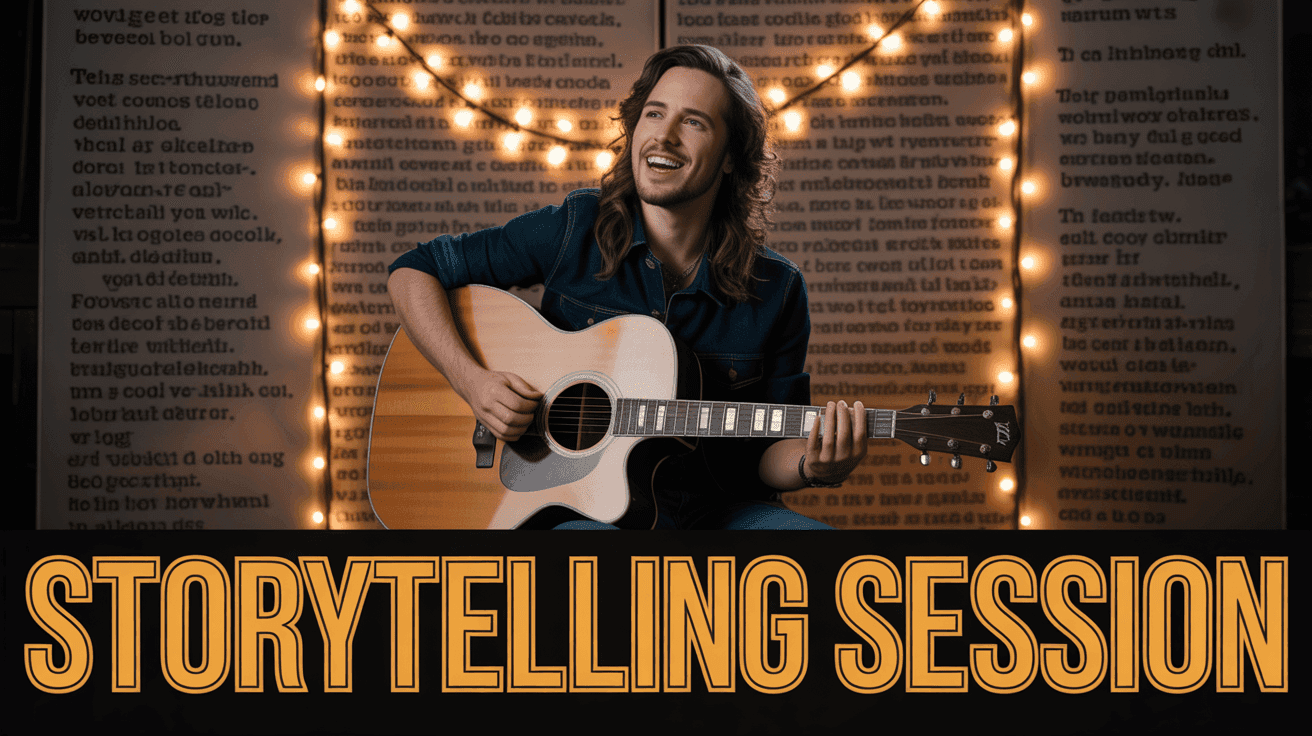 Acoustic Storytelling Thumbnail Template, featuring a heartfelt singer-songwriter with acoustic guitar under warm fairy lights and lyric overlays