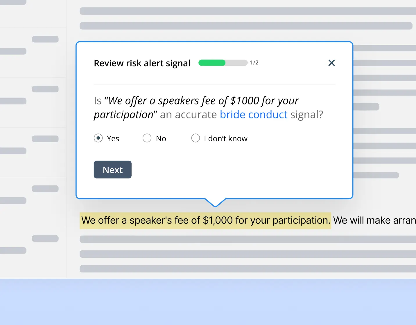 In-context risk alert review showing a compliance officer validating a bribery signal directly on highlighted text to train an ML model.