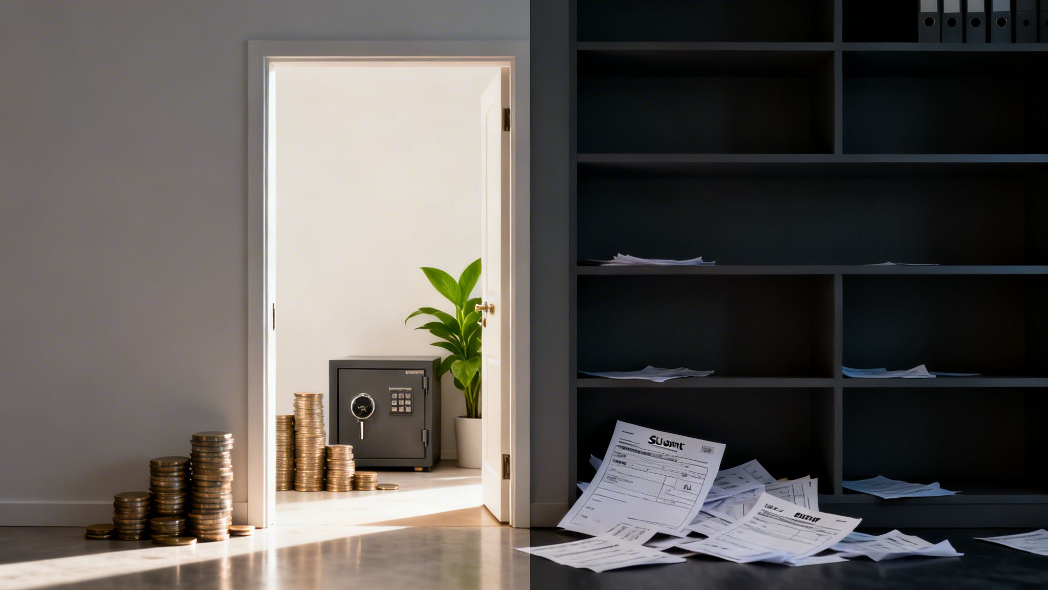 Stacks of coins and a safe are seen through an open door, contrasting with scattered papers and empty shelves.