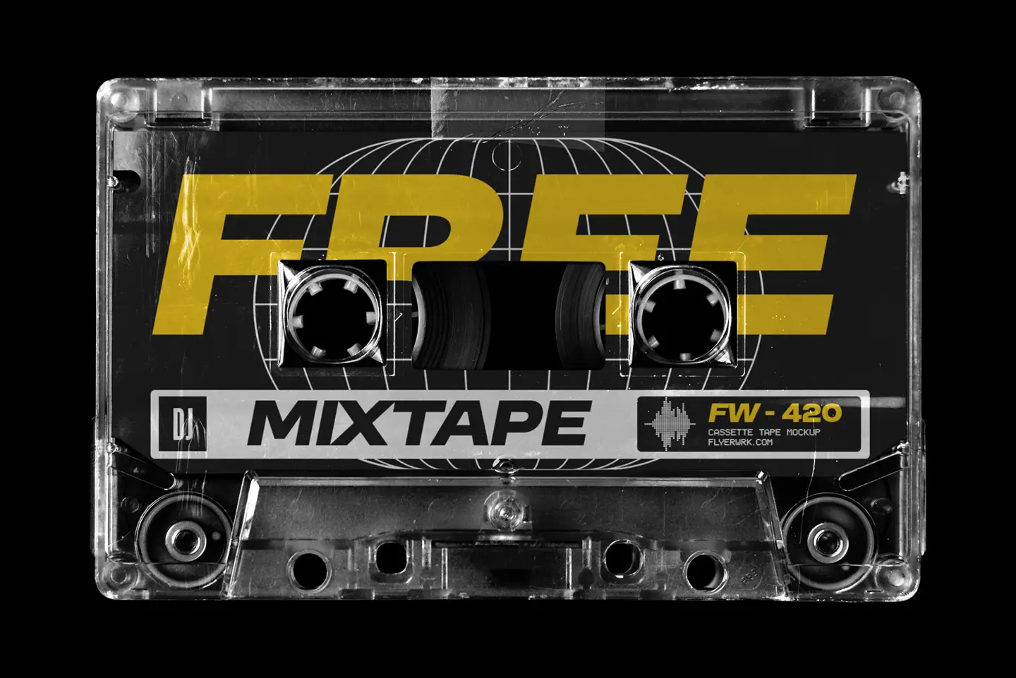 Retro Cassette Tape Mockup with bold yellow text and a black globe graphic on the label