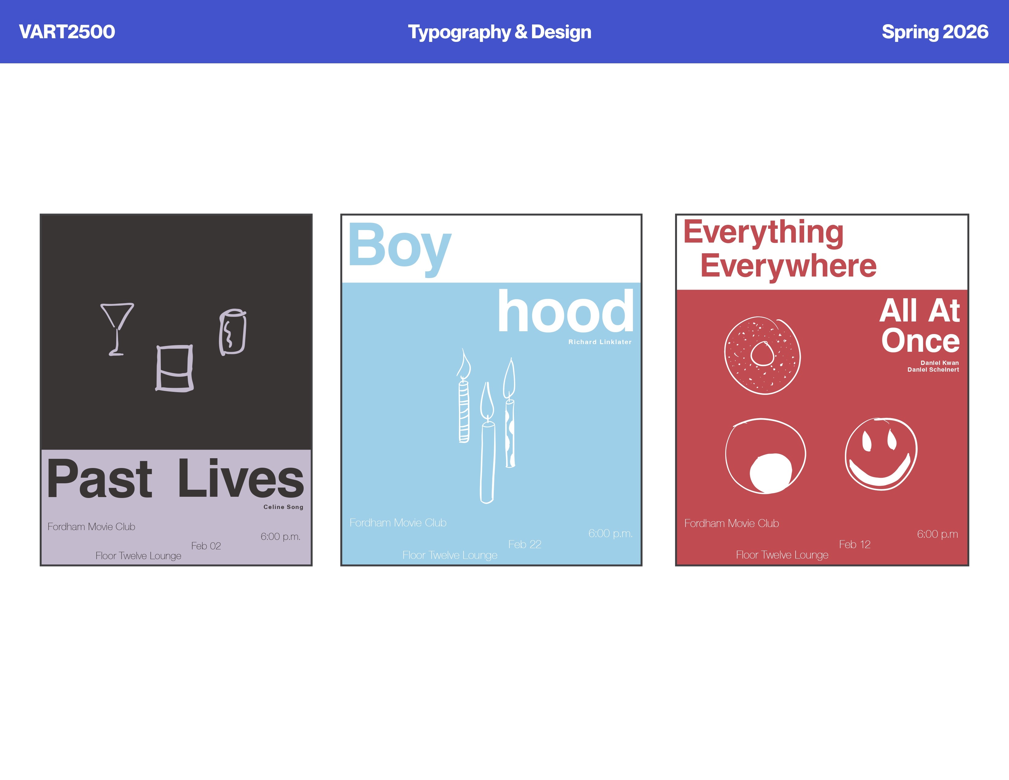 In this assignment, I was tasked with creating three movie posters in the same visual style. I chose Past Lives, Boyhood, and Everything Everywhere All At Once. My approach aimed to create hierarchy based on color while still being accessible and easily readable. Also, simplifying each film into three icons proved challenging as each movie has complex themes that are difficult to define in few symbols.
