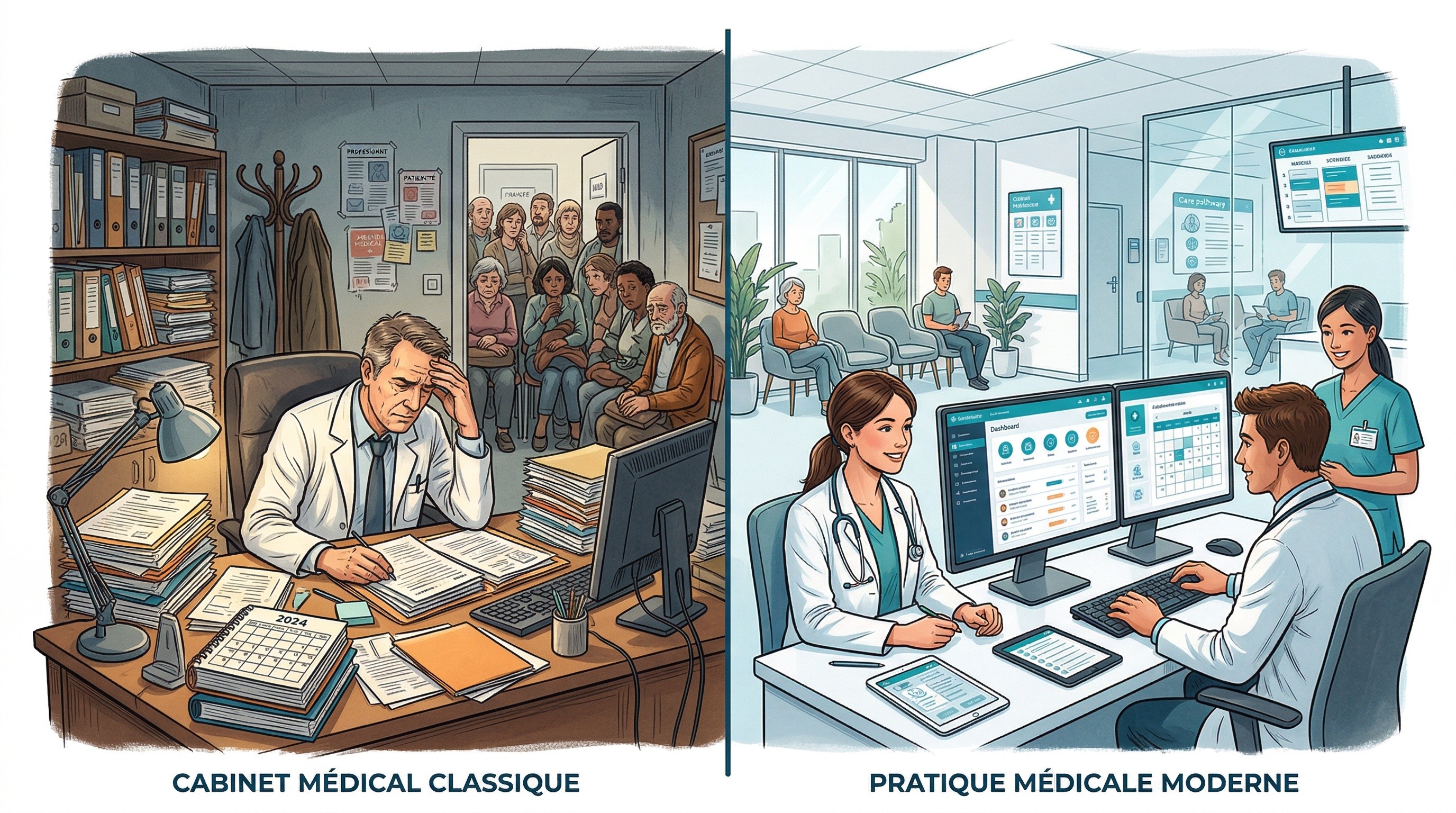 Illustration montrant l’évolution du métier de médecin en France, entre cabinet libéral surchargé et organisation des soins plus moderne, coordonnée et digitalisée - SPEEDOCTOR