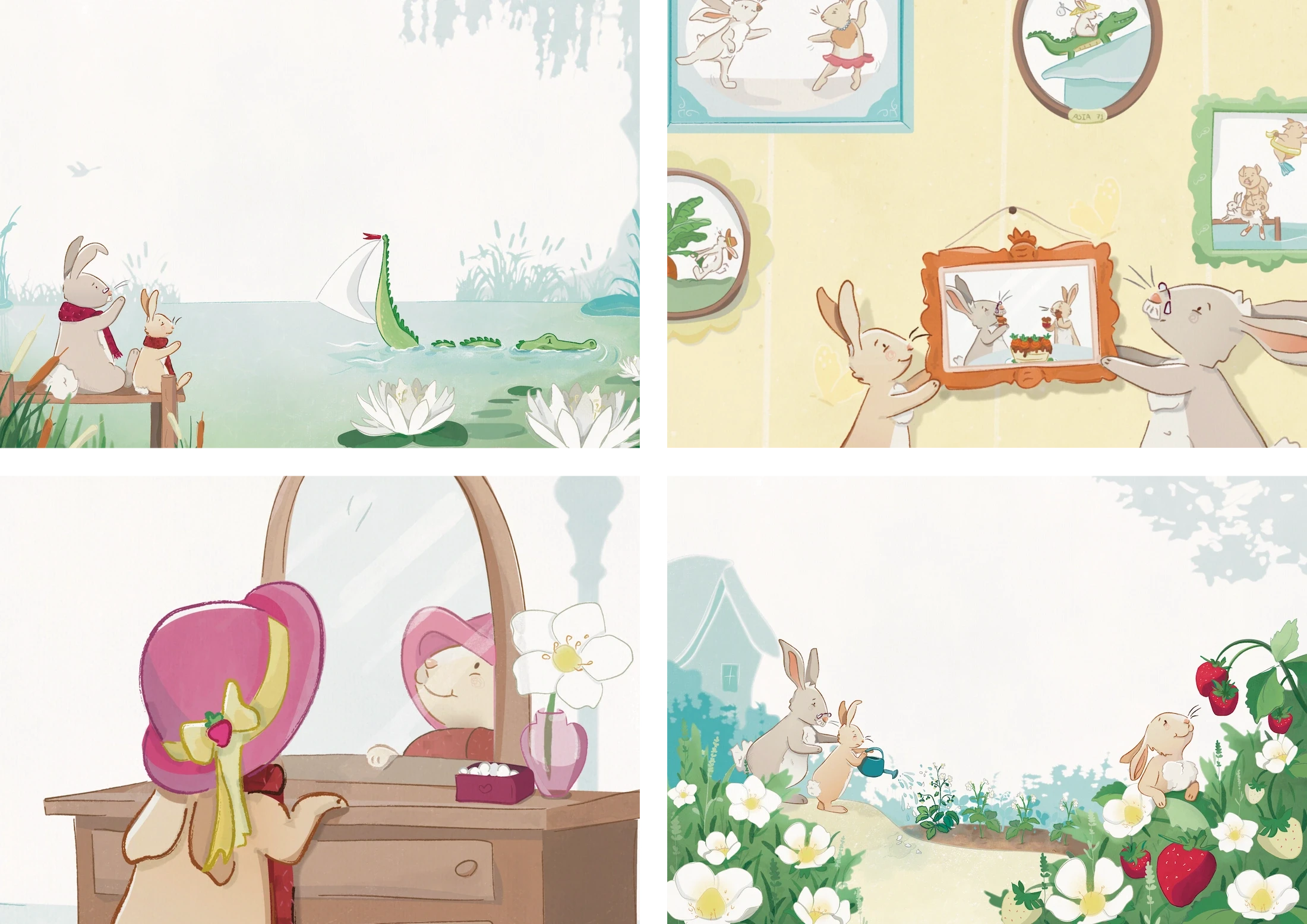 A collage of four illustrations showing different moments of a grandfather and child spending time together.