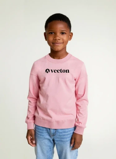 AI-generated child model smiling in pink Veeton sweatshirt and light blue jeans